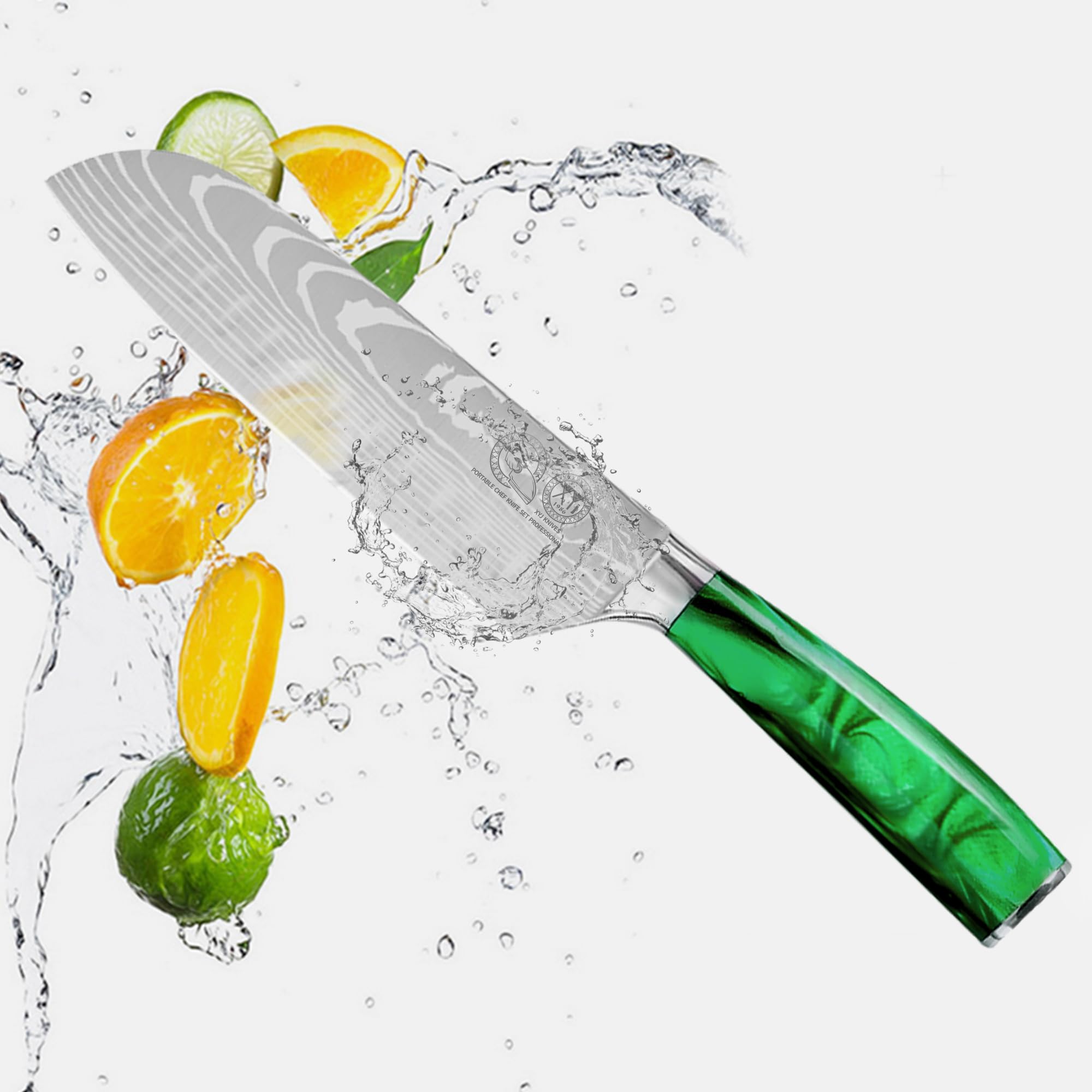 Premium XYJ 12-Piece Stainless Steel Knife Set with Etched Blade - Chef, Utility, Santoku & Bread Knives - Ergonomic Handle & Storage Roll Bag (Green) - Perfect for Home Cooking, Camping & Professional Kitchens