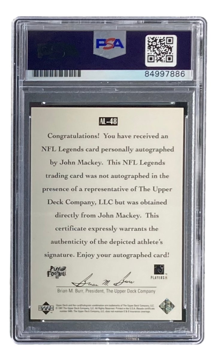 John Mackey Autographed 1997 Upper Deck #AL 48 Football Trading Card - PSA/DNA Certified Gem Mint 10 - Rare Collectible for Sports Memorabilia Fans & Investment