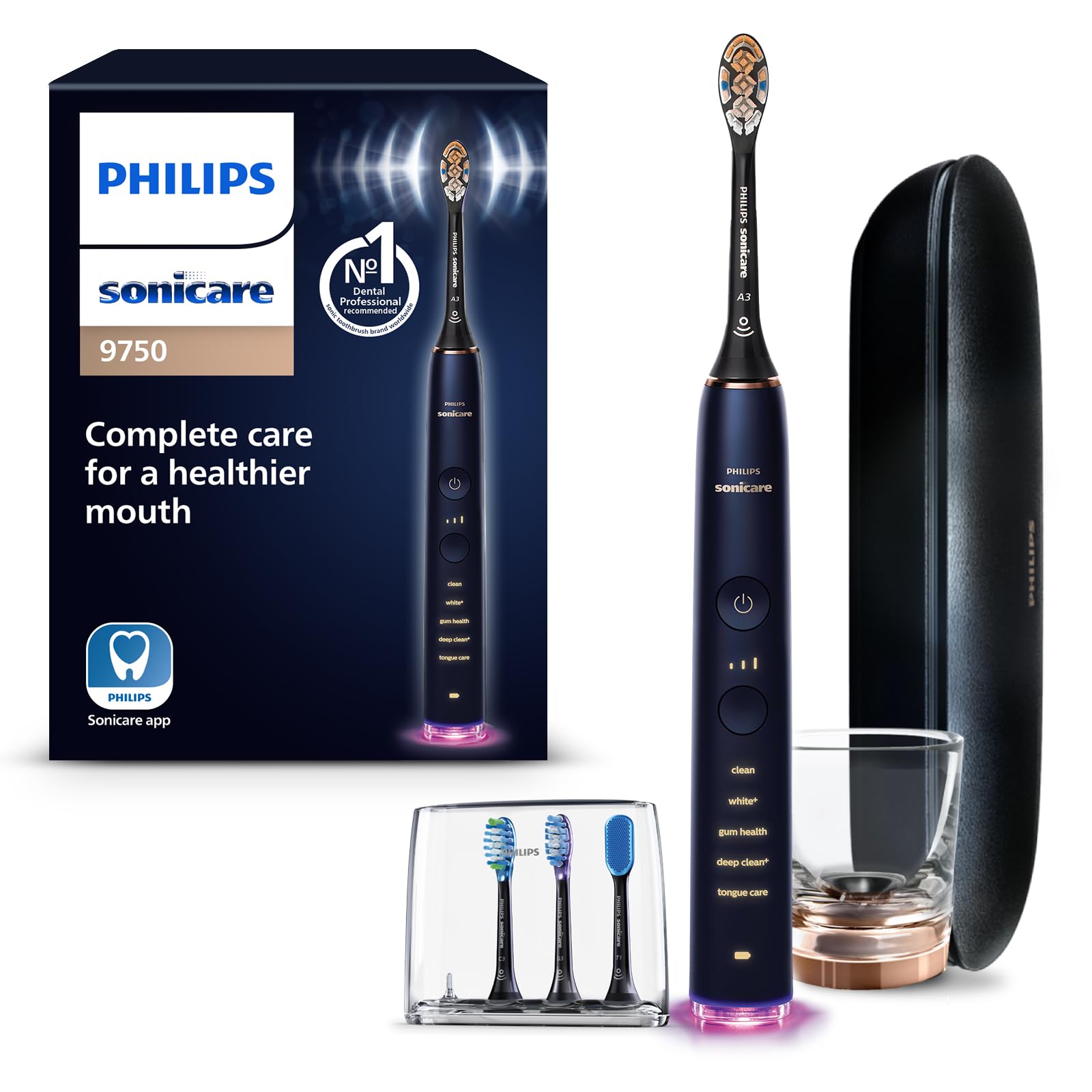 Philips Sonicare DiamondClean Smart 9750 Electric Toothbrush - Sonic Toothbrush with Bluetooth App, Pressure Sensor & Brush Head Detection, 5 Modes & 3 Intensity Levels (Lunar Blue, HX9954/74) | Perfect for Travel, Home Use & Professional Dental Care