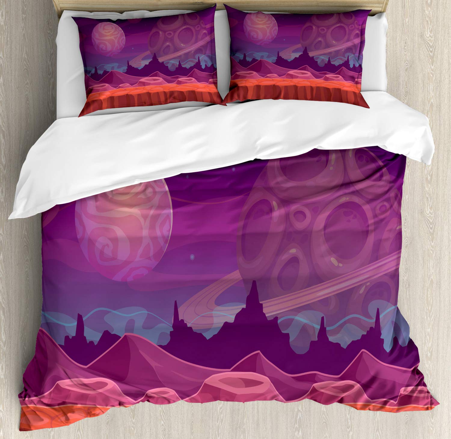 Ambesonne Fantasy Duvet Cover Set - Purple Alien Dreamy Landscape with Craters & Planets | 3-Piece Bedding Set with 2 Pillow Shams | California King Size | Purple Vermilion | Perfect for Sci-Fi Themed Bedrooms & Space Lovers