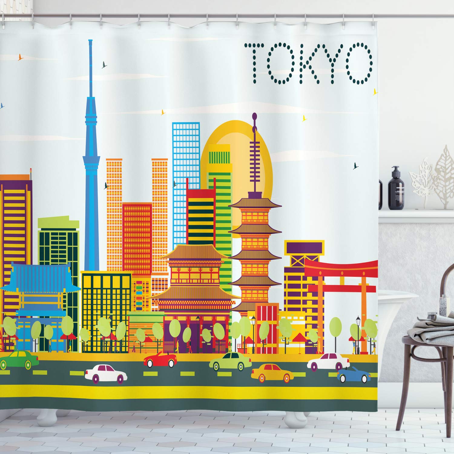 Ambesonne Tokyo Shower Curtain - Japanese City Skyline with Unique Architecture & Cartoon Style Illustration, 69