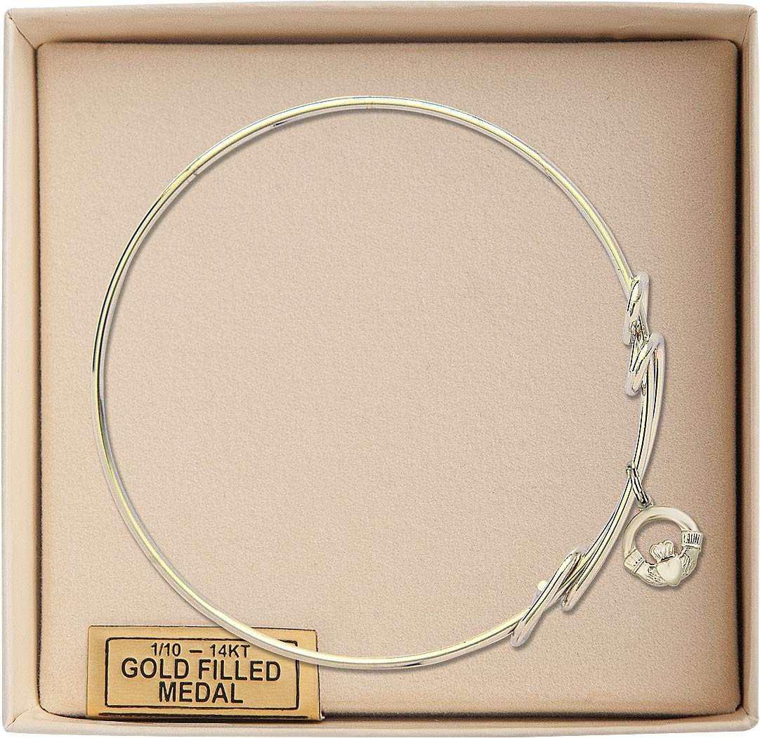 Gold-Filled Round Double Loop Bangle Bracelet with Claddagh Charm - Elegant Celtic Jewelry for Women, Perfect for Weddings, Anniversaries & Special Occasions