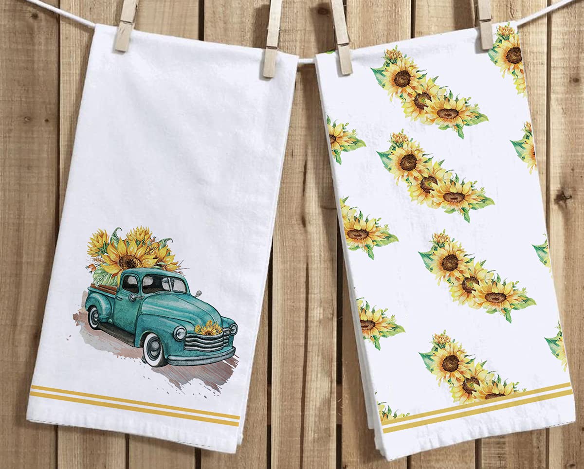 Set of 2 Sunflower Printed Kitchen Dish Towels 18x28 Inch - Absorbent Cotton Tea Towels for Cooking, Baking & Decor - Perfect for Spring Summer Farmhouse, Rustic Kitchen Decor