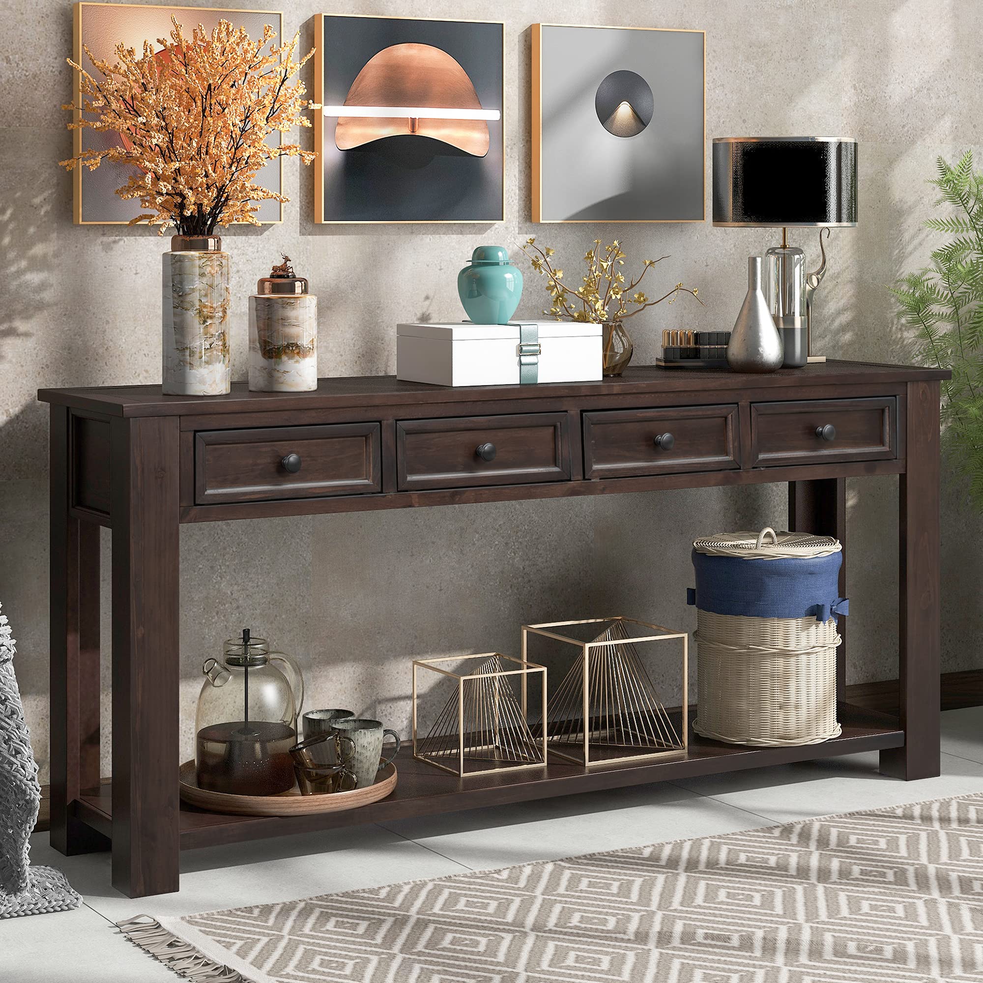 P PURLOVE Espresso Console Table with Storage Drawers & Bottom Shelf - Entryway Hallway Sofa Table for Living Room, Bedroom & Office Decor
