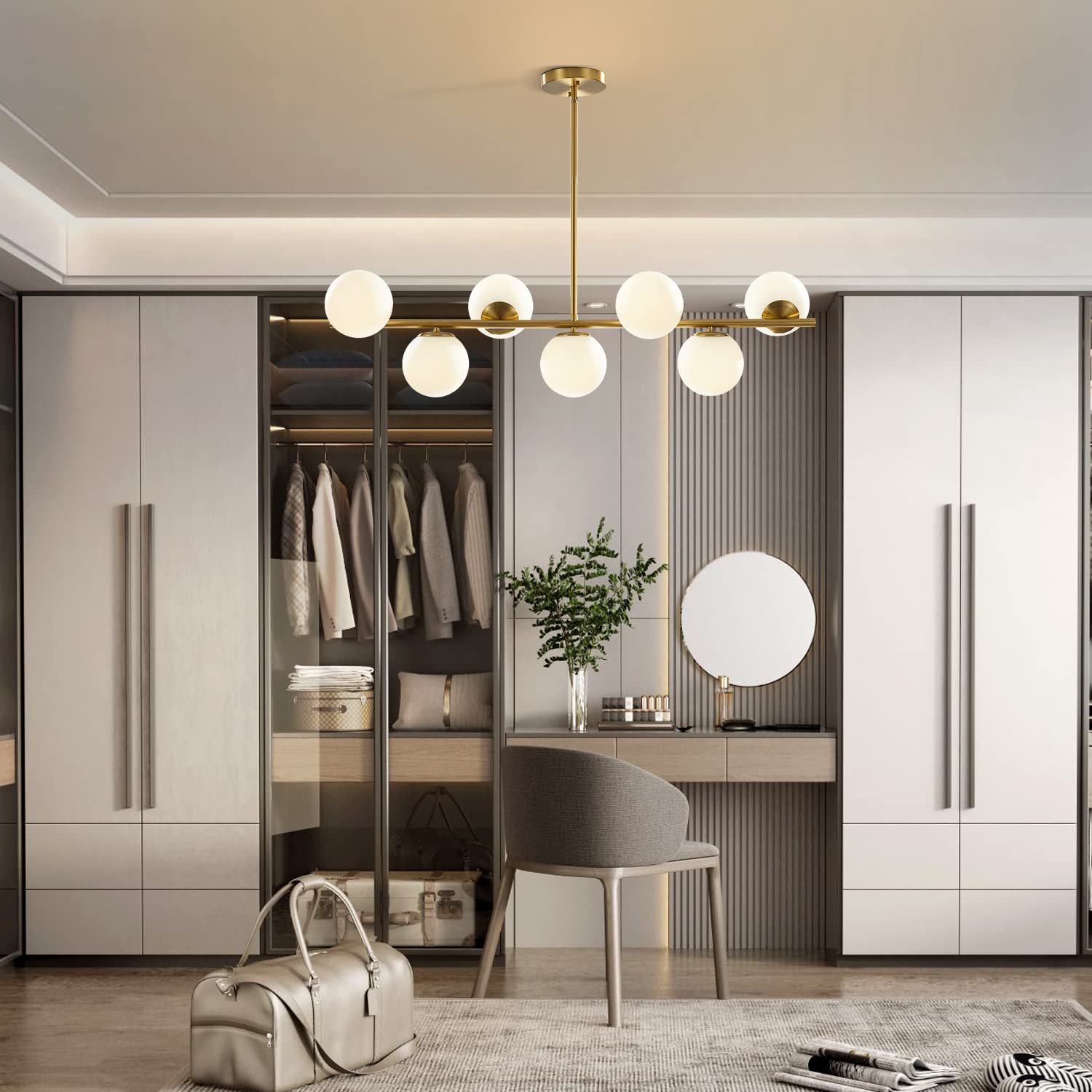 Modern Gold Chandelier with Brushed Brass Finish & Globe Glass - 7-Light Ceiling Pendant Light for Dining Room, Living Room, Bedroom | Elegant Lighting Fixture for Home Decor, Wedding Venues & Restaurants