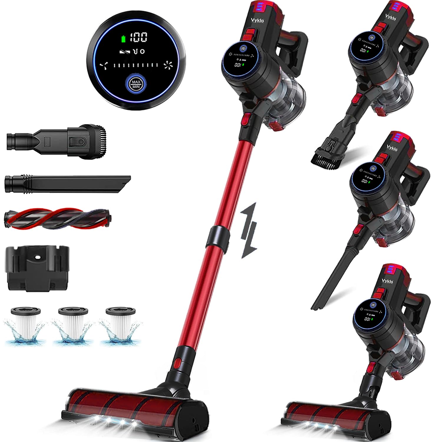 Powerful V8 Cordless Vacuum Cleaner with 55Mins Runtime - Lightweight Wireless Stick Vacuum for Hardwood Floors, Carpets, Cars & Pet Hair - Ideal for Home Cleaning (Red)