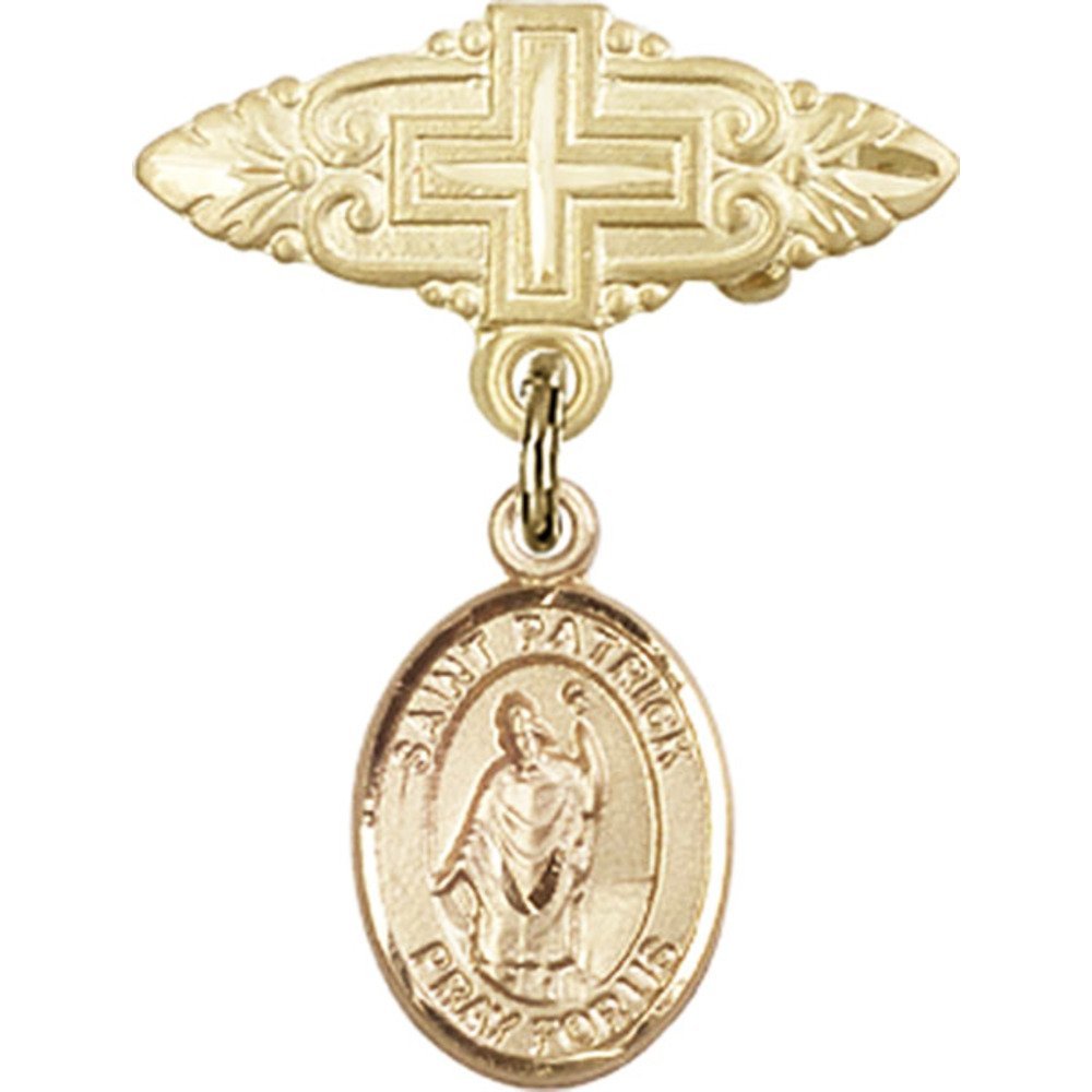 Gold Filled St. Patrick's Day Baby Badge Pin with Cross Charm - 1 X 3/4 Inch - Perfect for Christening, Baptism, First Communion & Irish-Themed Celebrations