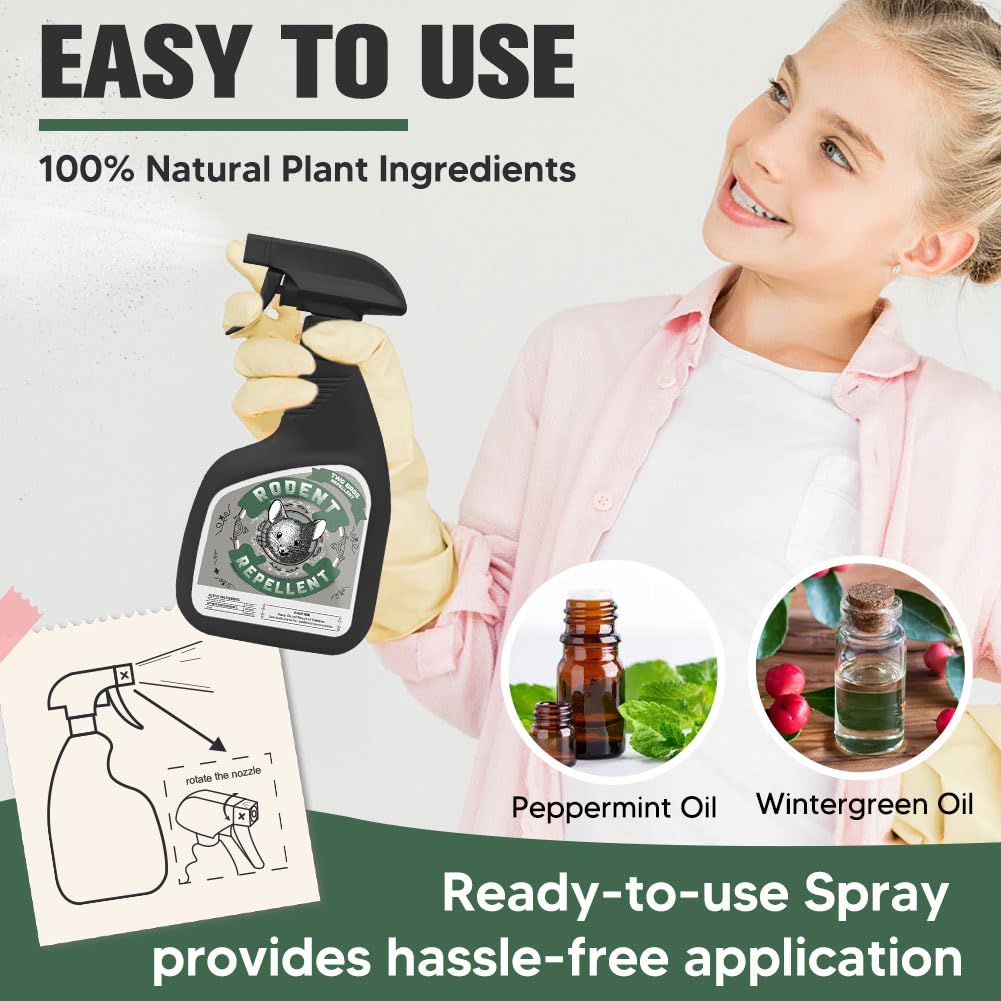 Natural Peppermint Oil Rodent Repellent Spray - Safe & Effective Mouse, Rat & Rodent Deterrent for Home, Cars, RV, Boat & Engine Protection (12oz) - Keep Pests Away from Indoor Spaces & Vehicles