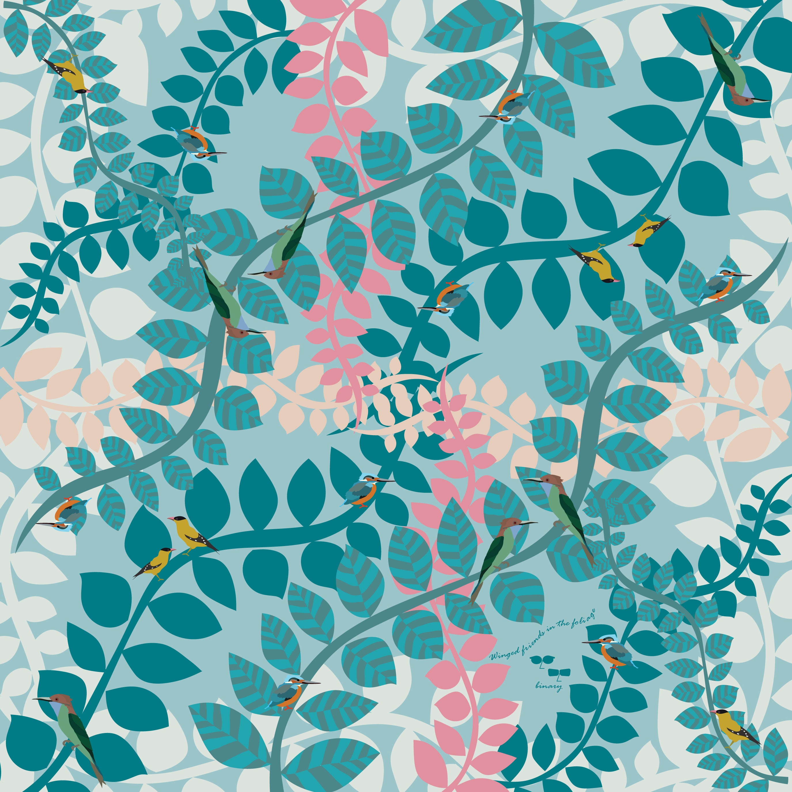 Winged Friends in the Foliage Silk Scarf - Elegant Bird Pattern Fashion Accessory for Women, Perfect for Office, Party & Special Occasions