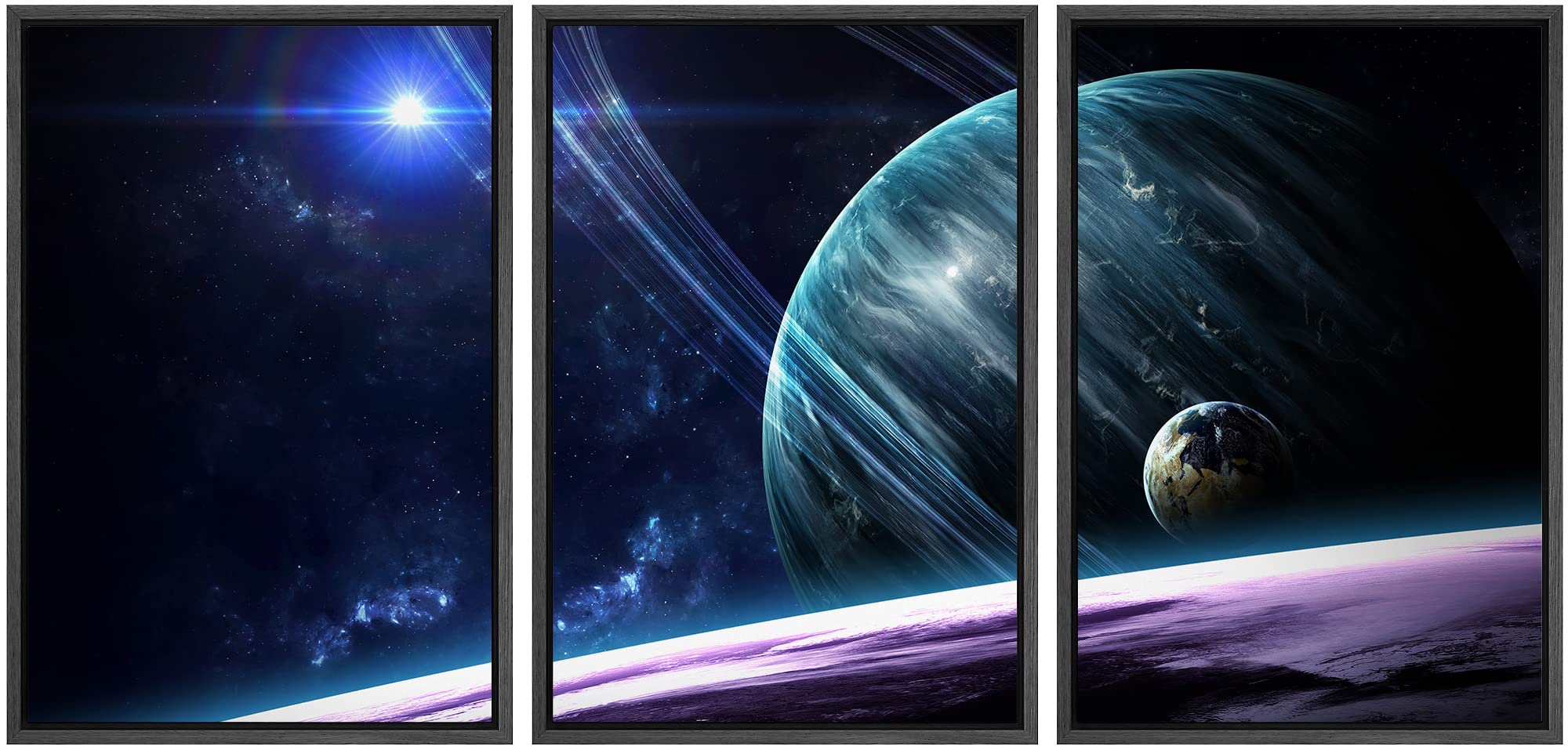 Wall26 - Stunning Framed Canvas Art of Planets in Outer Space - 24x36 Inches - Black Modern Wall Decor for Living Room, Bedroom & Office