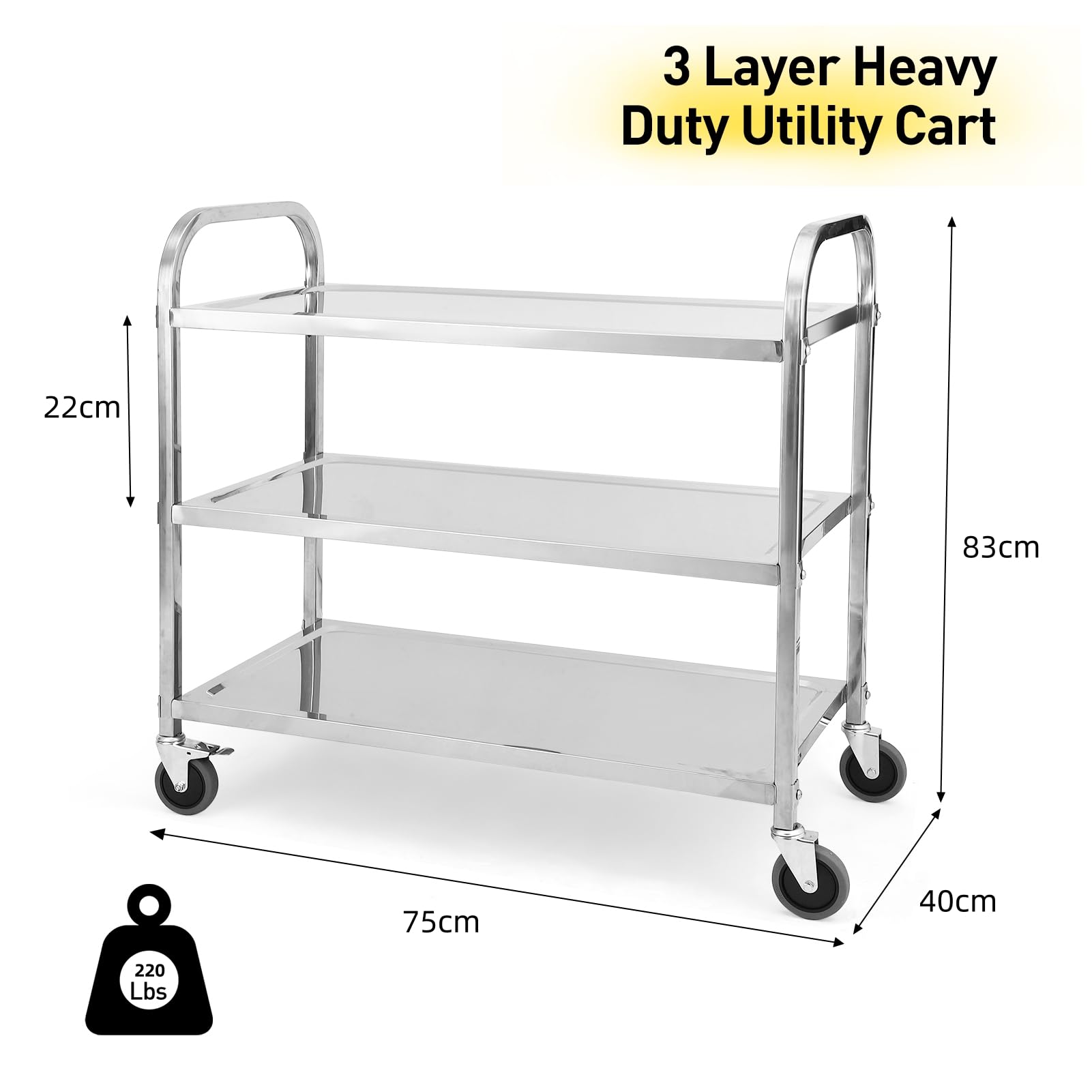 GARVEE 3-Tier Heavy Duty Stainless Steel Rolling Utility Cart with Handle & Locking Wheels - 265Lbs Capacity for Kitchen, Restaurant, Hospital, Lab, Home - Perfect for Food Service, Medical Supplies Storage & Mobile Workstation