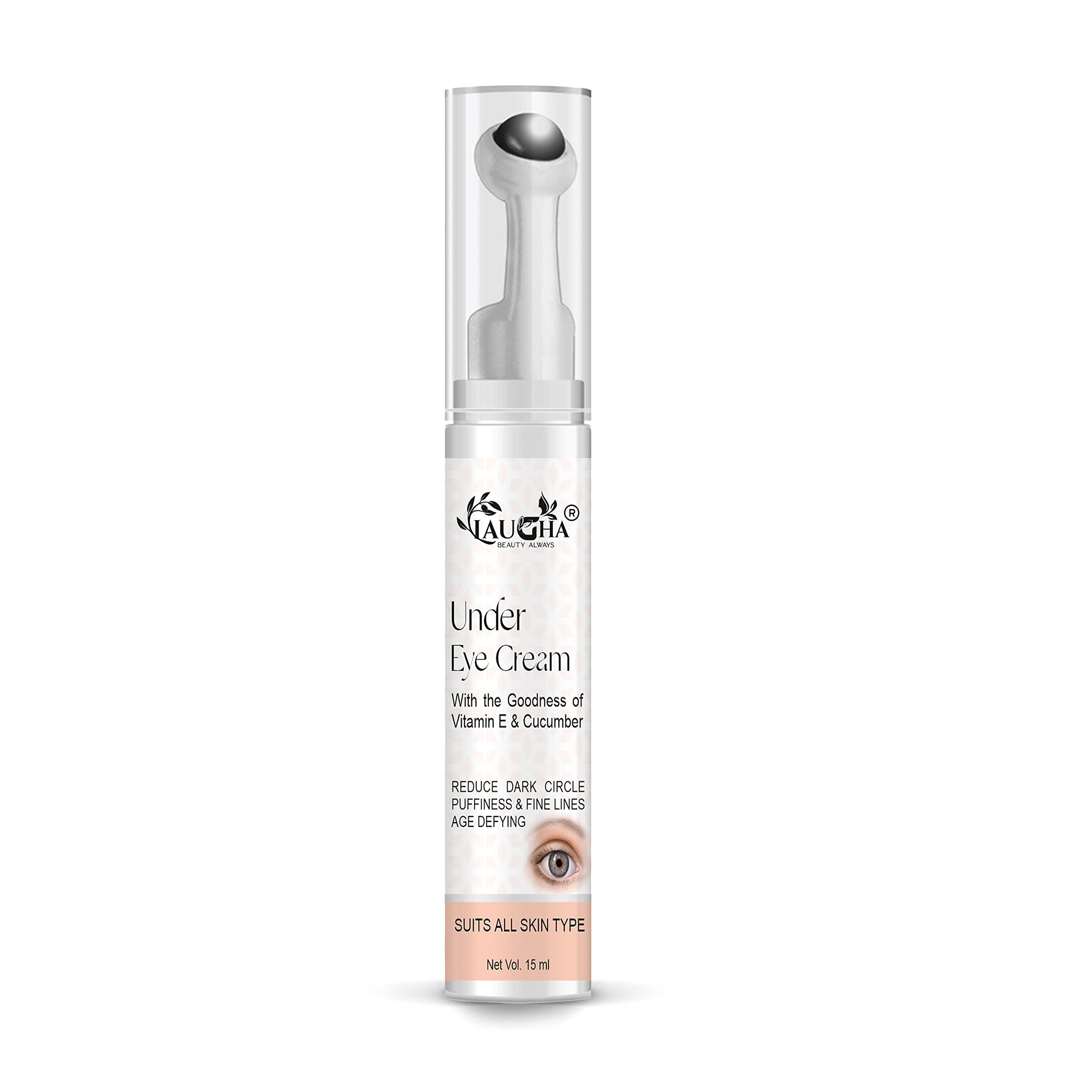 Laugha Under Eye Gel Cream for Dark Circles & Puffiness - Anti-Aging Eye Treatment with Cucumber Extract, Vitamin C & E - Reduces Fine Lines & Wrinkles - 15ml Roller Ball for Men & Women - Perfect for Morning Routine & Night Skincare Care