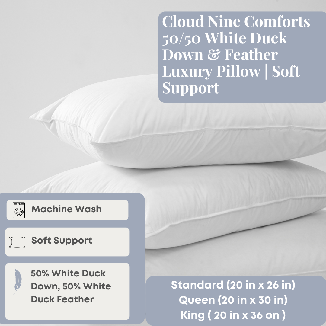 Premium Cloud Nine Comforts 50/50 White Duck Down & Feather Luxury Pillow - Ultra Soft Support for Neck & Shoulder Pain Relief - Perfect for Side Sleepers & Hotel-Quality Bedding