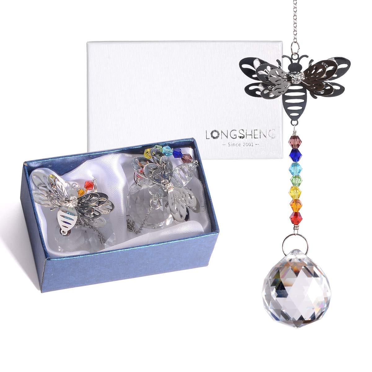 2 Pack Crystal Glass Bee Suncatchers - Rainbow Maker Window Prisms for Home Decor, Gifts & Garden Ornaments - Creates Beautiful Rainbows in Sunrooms, Nurseries and Outdoor Spaces