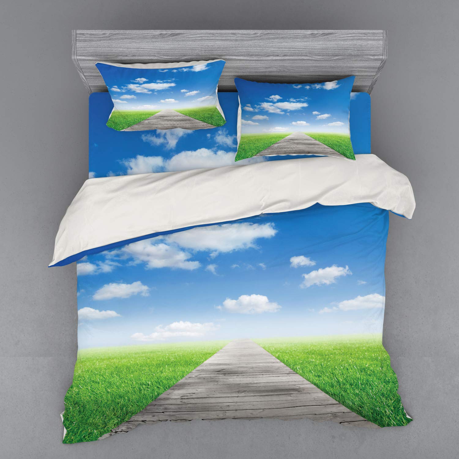 Ambesonne Country Duvet Cover Set - 4 Piece King Size Bedding with Shams & Fitted Sheet, Pathway Meadow Rural Countryside Design in Blue Green Brown | Perfect for Farmhouse, Cottage & Rustic Home Decor