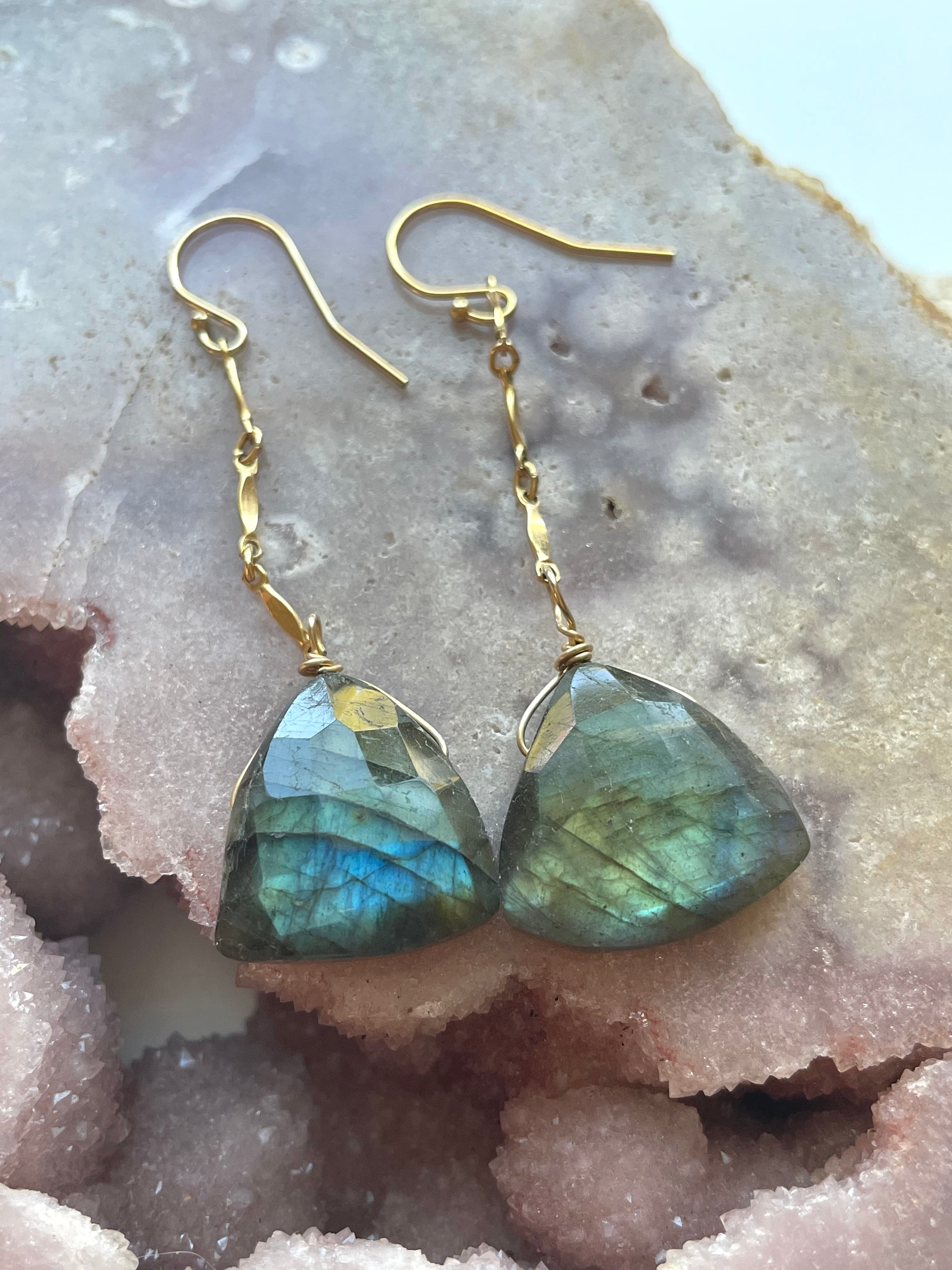 Gold Labradorite Dangle Drop Crystal Earrings for Women - Elegant Gemstone Jewelry for Party, Wedding & Everyday Wear