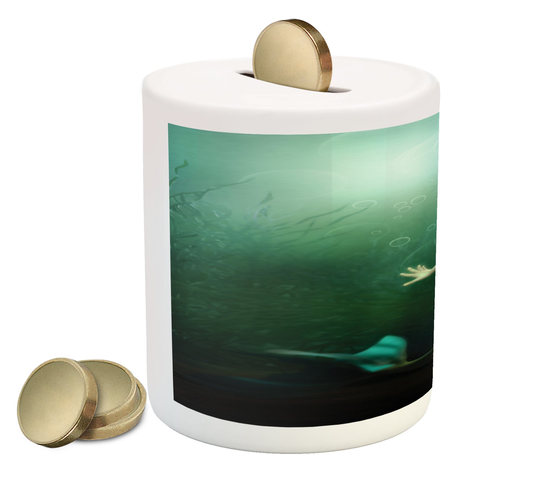 Ambesonne Mermaid Ceramic Piggy Bank - Underwater Life Design Money Box for Cash Savings (Jade Green/Teal/Ivory) | Perfect Gift for Kids, Teens & Mermaid Lovers | Bedroom Decor, Birthday Present, Savings Motivation