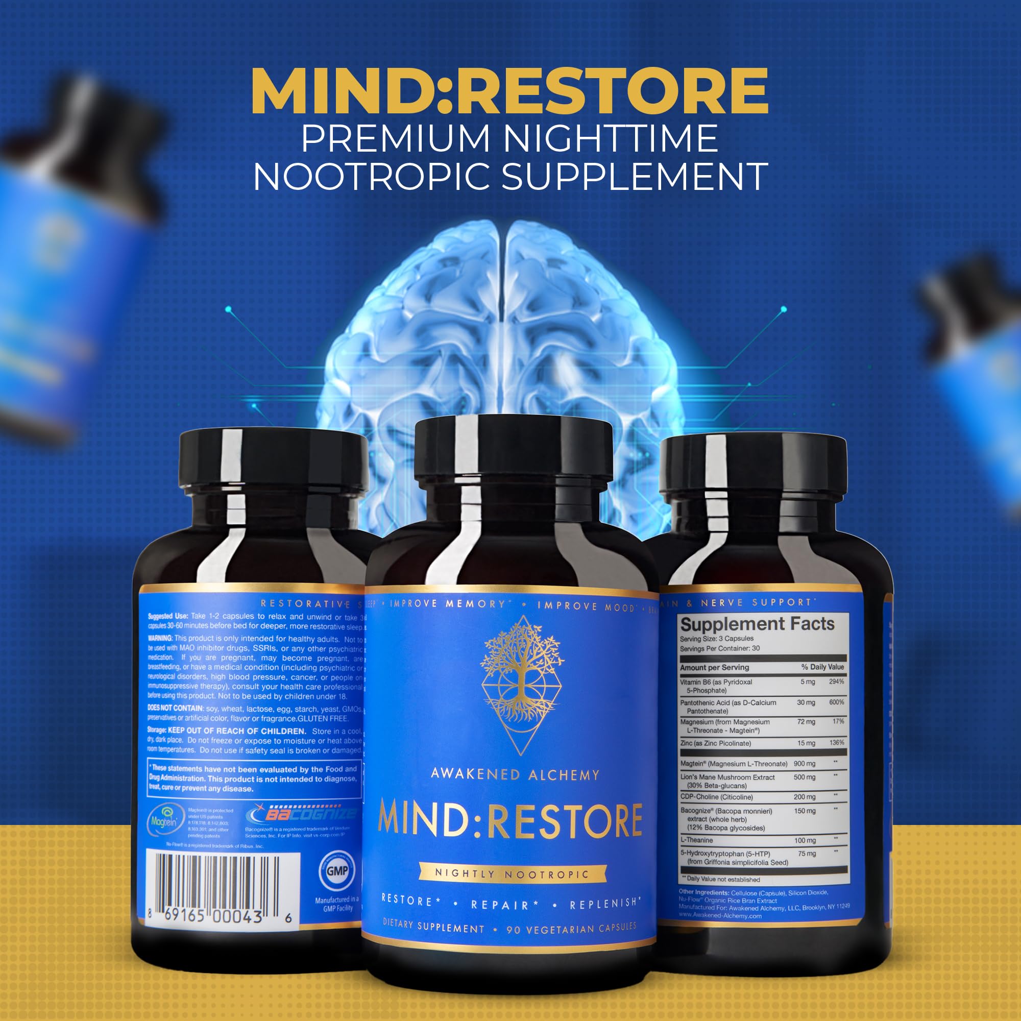 Mind:Restore Premium Nighttime Nootropic Supplement - Advanced Natural Brain Nutrition for Restorative Sleep, Memory & Mood Support | 9 Premium Ingredients (90 Capsules) | Ideal for Stress Relief, Focus & Cognitive Recovery Before Bed