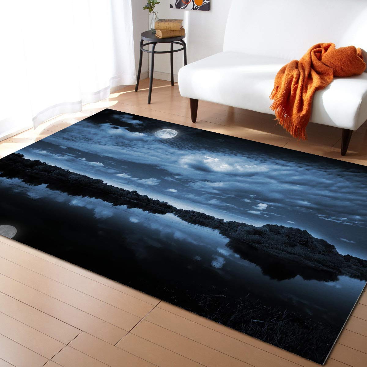 Black Night Scenery Area Runner Rug 4'x7' - Washable Indoor Outdoor Carpet for Kitchen, Living Room, Bathroom, Bedroom | Moon Lake & Plant Design Doormat for Entryway, Laundry Room & Classroom Floor Protection