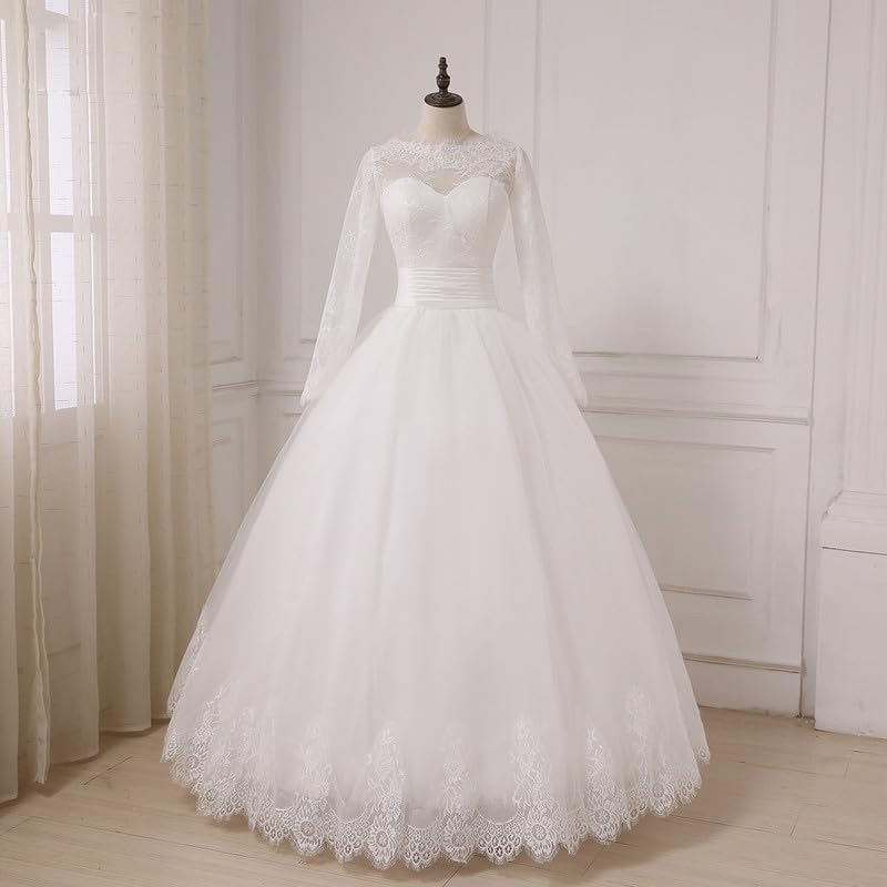 2024 Elegant Long Sleeve Tulle Wedding Dress with Lace Appliques - Romantic Ball Gown with Train for Bride | Perfect for Church Ceremony, Beach Wedding & Formal Reception