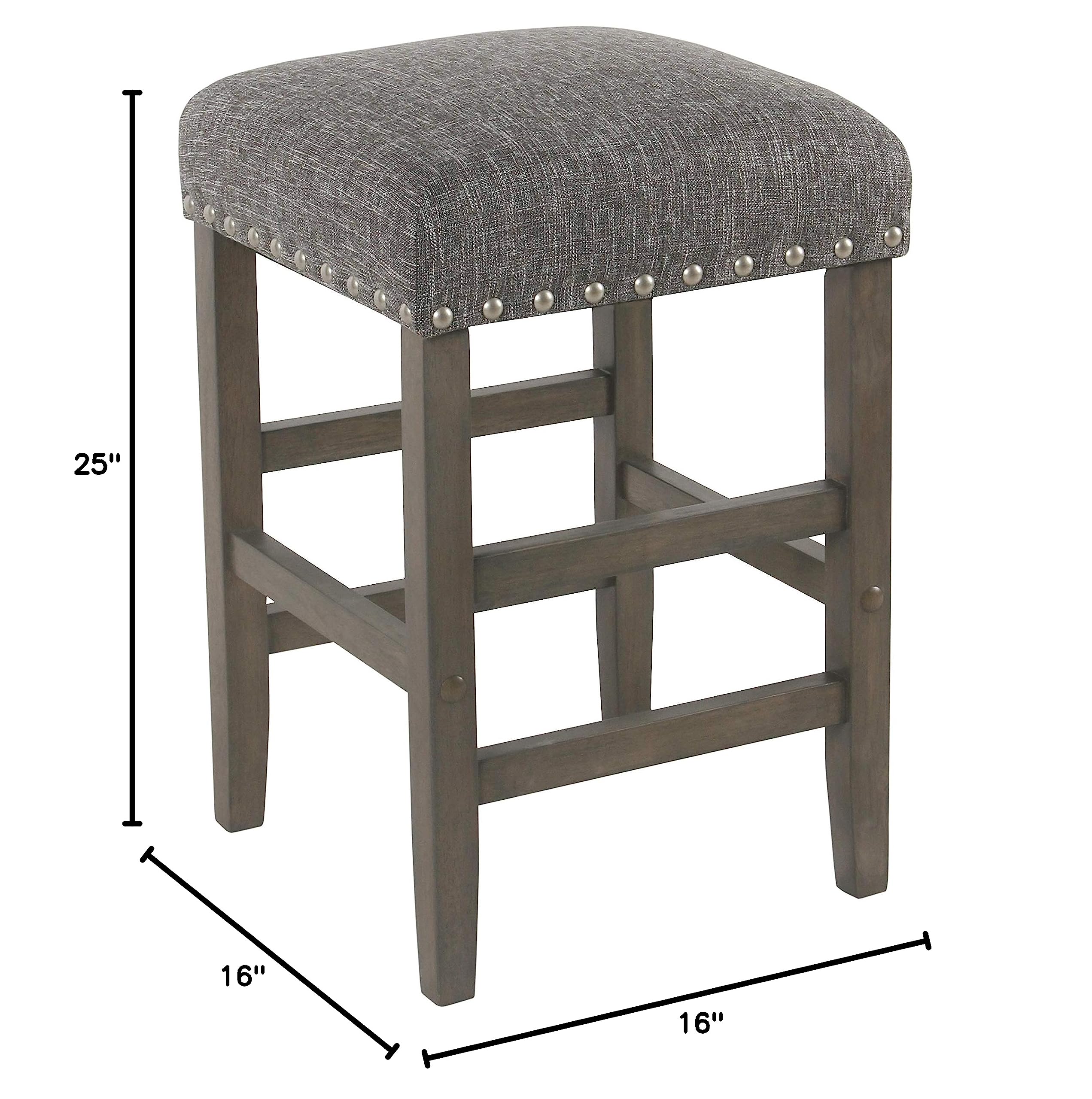 Benjara Gray Wooden Counter Stool with Fabric Padded Seat & Nail Head Trim - Modern Kitchen Island Bar Stools for Dining Room & Home Decor