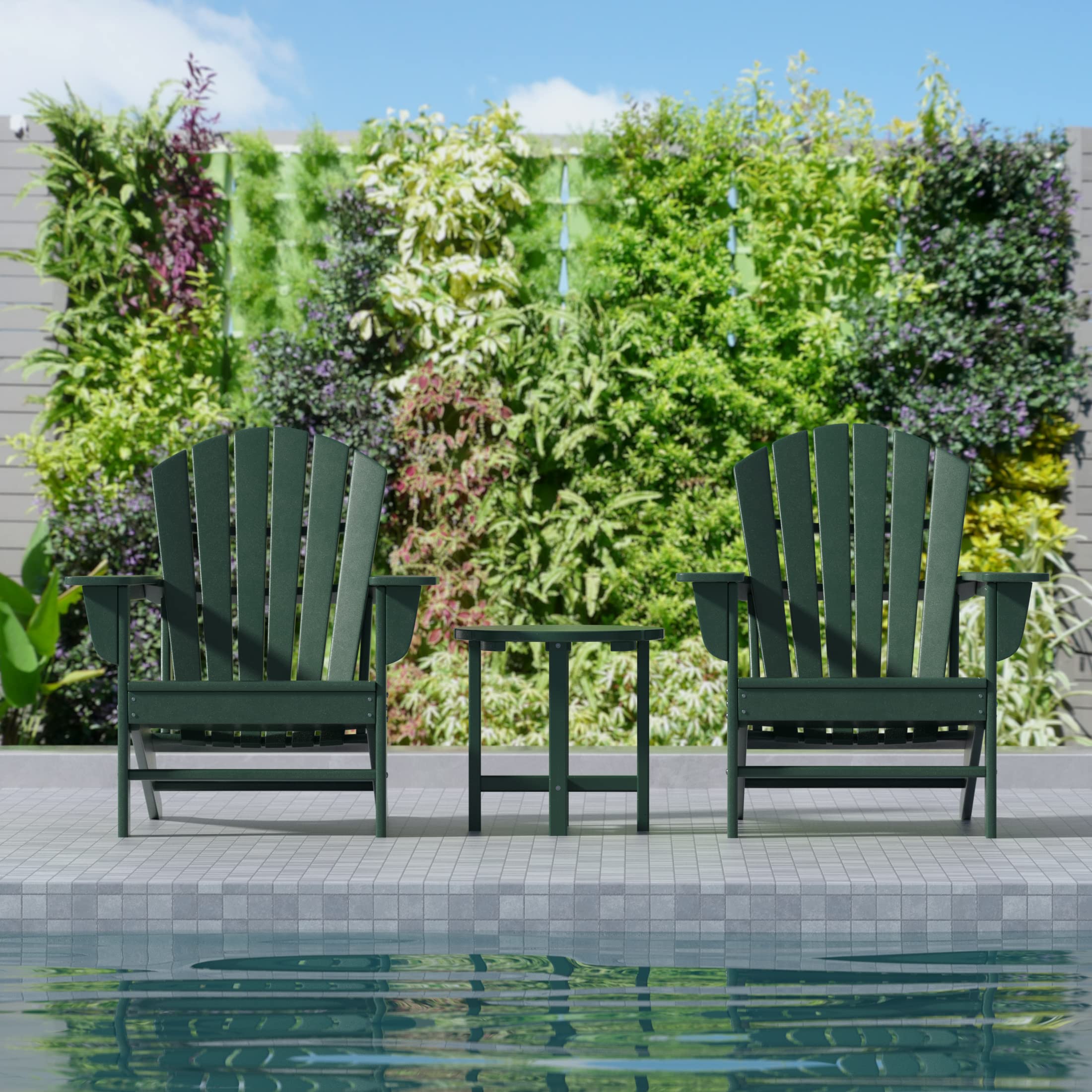 2-Piece WO Home Outdoor Adirondack Chair Set with Side Table - Durable Poly Lumber Retro Patio Furniture for Beach, Garden, Backyard & Balcony - Dark Green | Perfect for Relaxing, Sunbathing & Outdoor Entertaining