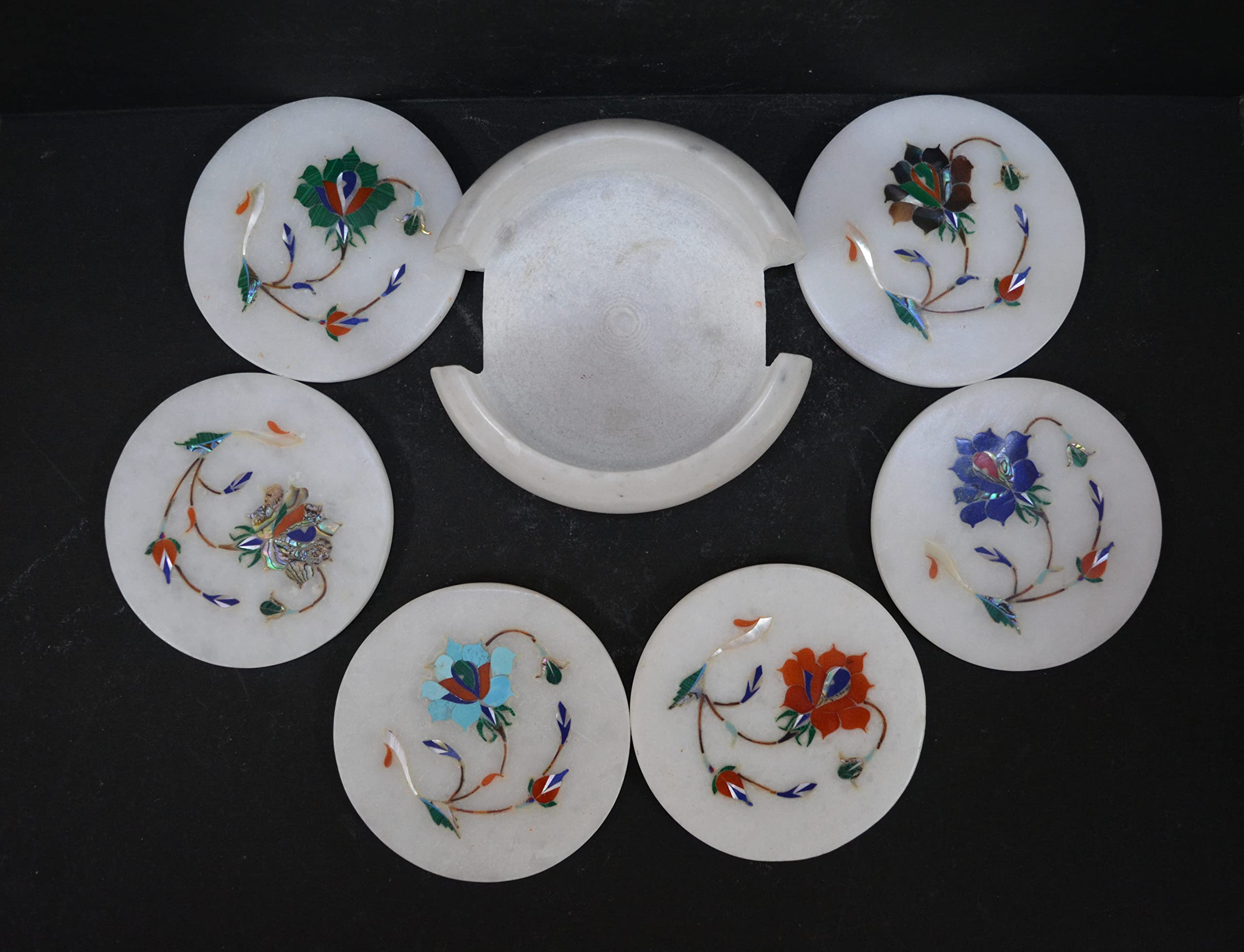 Premium White Marble Drink Coasters Set of 6 with Holder - Elegant Marble Inlay Table Coasters for Wine, Coffee & Cocktails - Luxury Home Bar & Dining Table Accessories for Parties & Entertaining