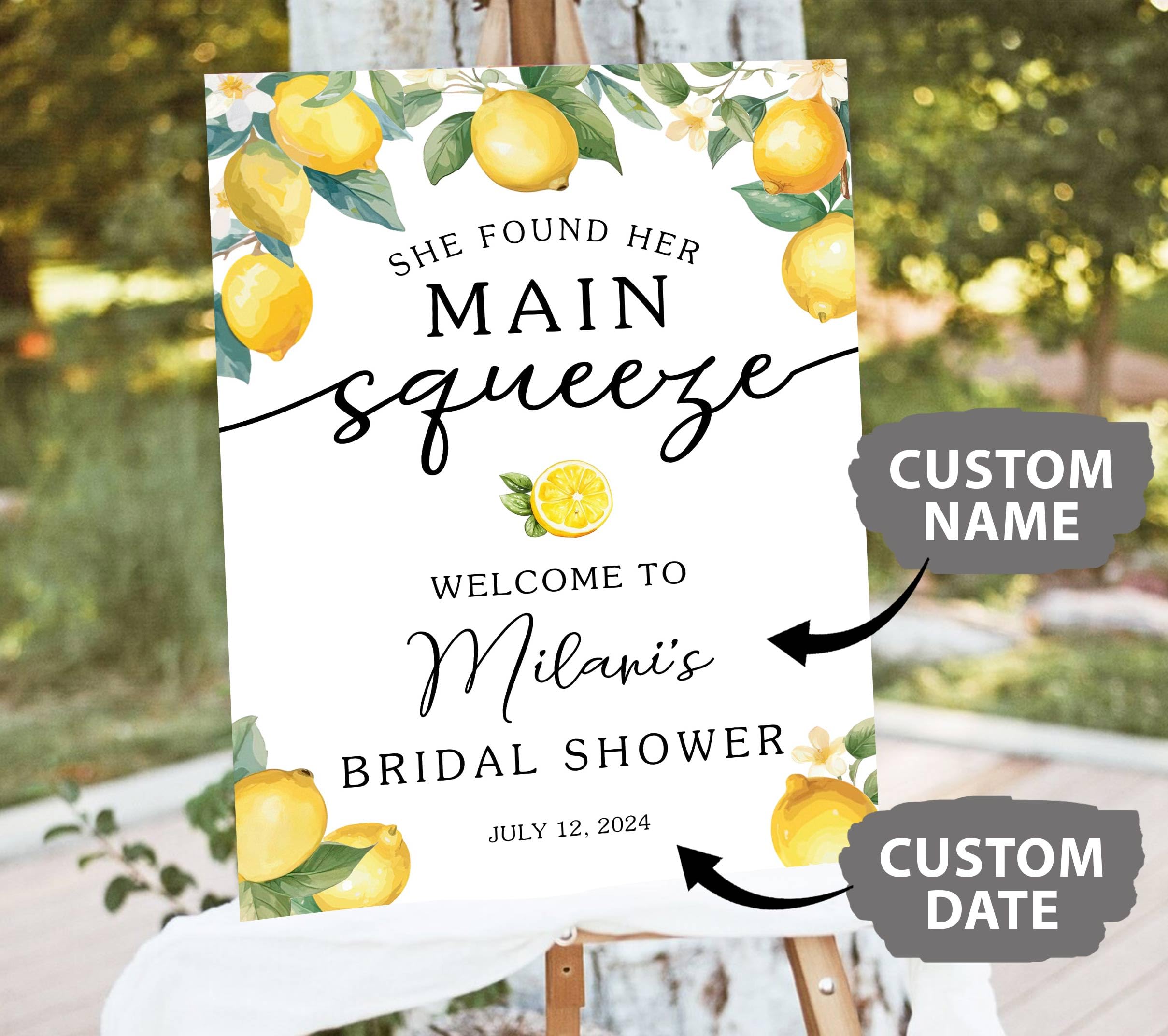 Custom Lemon Citrus Bridal Shower Welcome Sign - Personalized 'She Found Her Main Squeeze' Backdrop for Wedding Showers & Bachelorette Parties - Perfect for Lemon-Themed Celebrations, Photo Booths & Home Decor