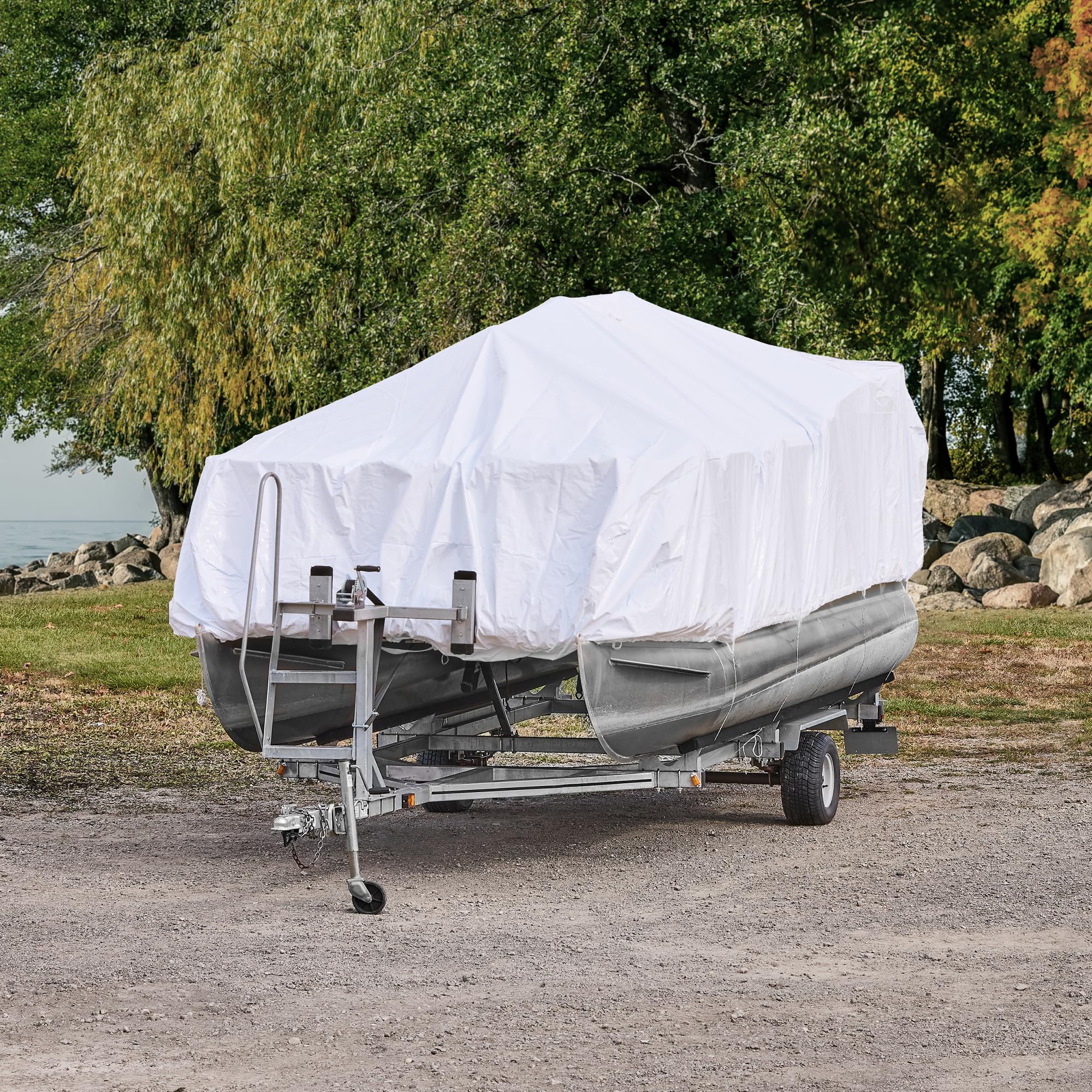 **Transhield Heavy Duty 20' Pontoon Boat Cover - Waterproof, Reusable Storage Cover with Perimeter Rope & Straps - Ideal for Outdoor Boat Protection & Winter Storage**