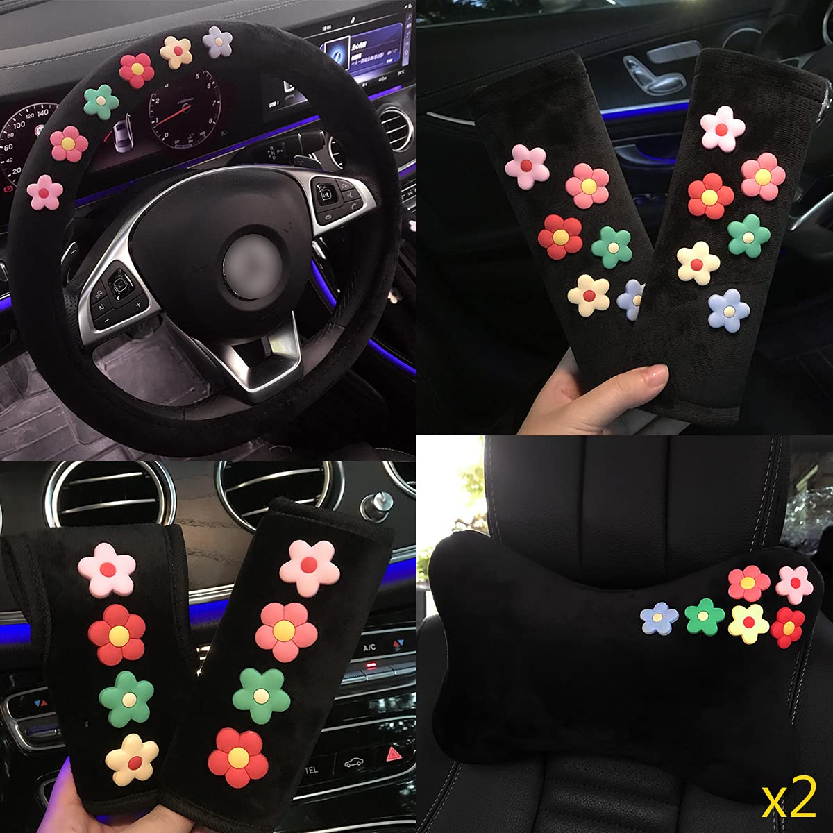 Cute Daisy Flower Car Steering Wheel Cover & Seat Belt Pad - Soft Gear Shift Cover for Women, Girls Auto Interior Accessories | Perfect for Summer Road Trips & Daily Commute