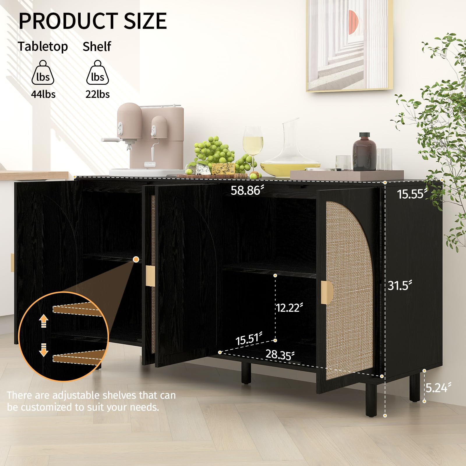 Modern Rattan Sideboard Buffet Cabinet with 4 Doors & 2 Adjustable Shelves - Stylish Boho Storage Console for Living Room, Kitchen, Dining Room - Perfect for Organizing Dishes, Linens & Home Decor (Black)