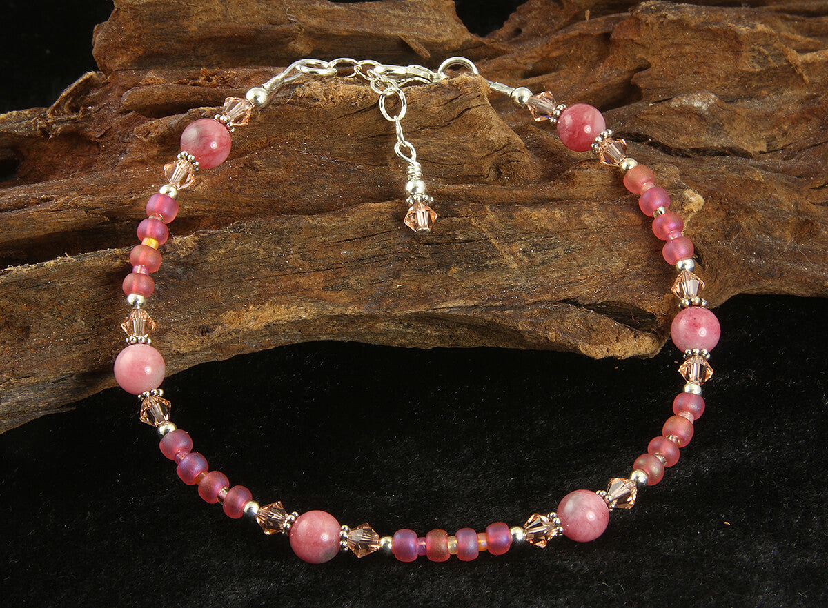 Natural Coral Peach Jade Gemstone Anklet - Handmade Adjustable Ankle Bracelet for Women, Boho Beach Jewelry for Summer Vacation & Festival Wear