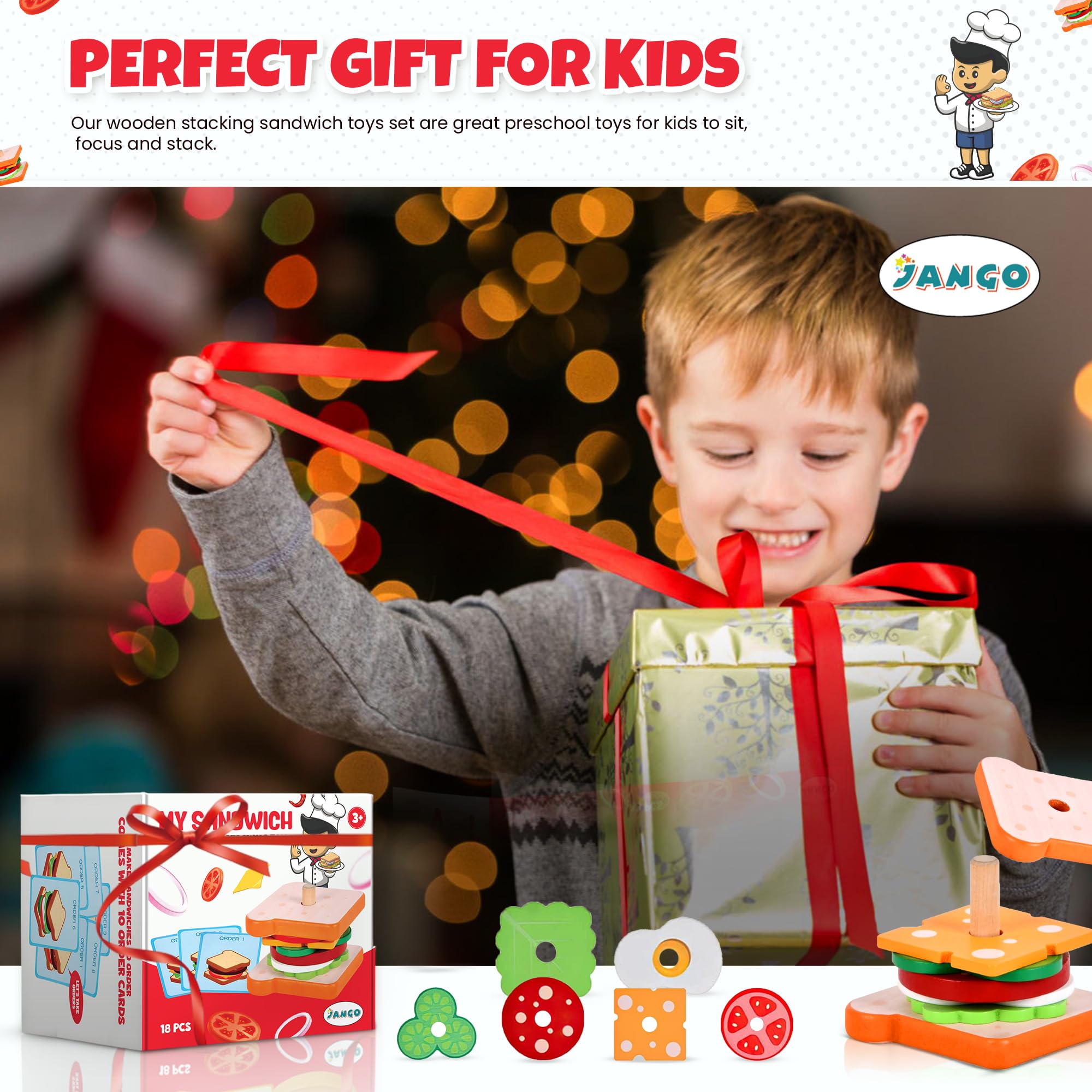 Montessori Wooden Stacking Toys for Toddlers - Burger Sandwich Set for 3 Year Old Kids | Educational Learning Toys for Fine Motor Skills Development | Preschool Play Food for Imaginative Kitchen Role Play