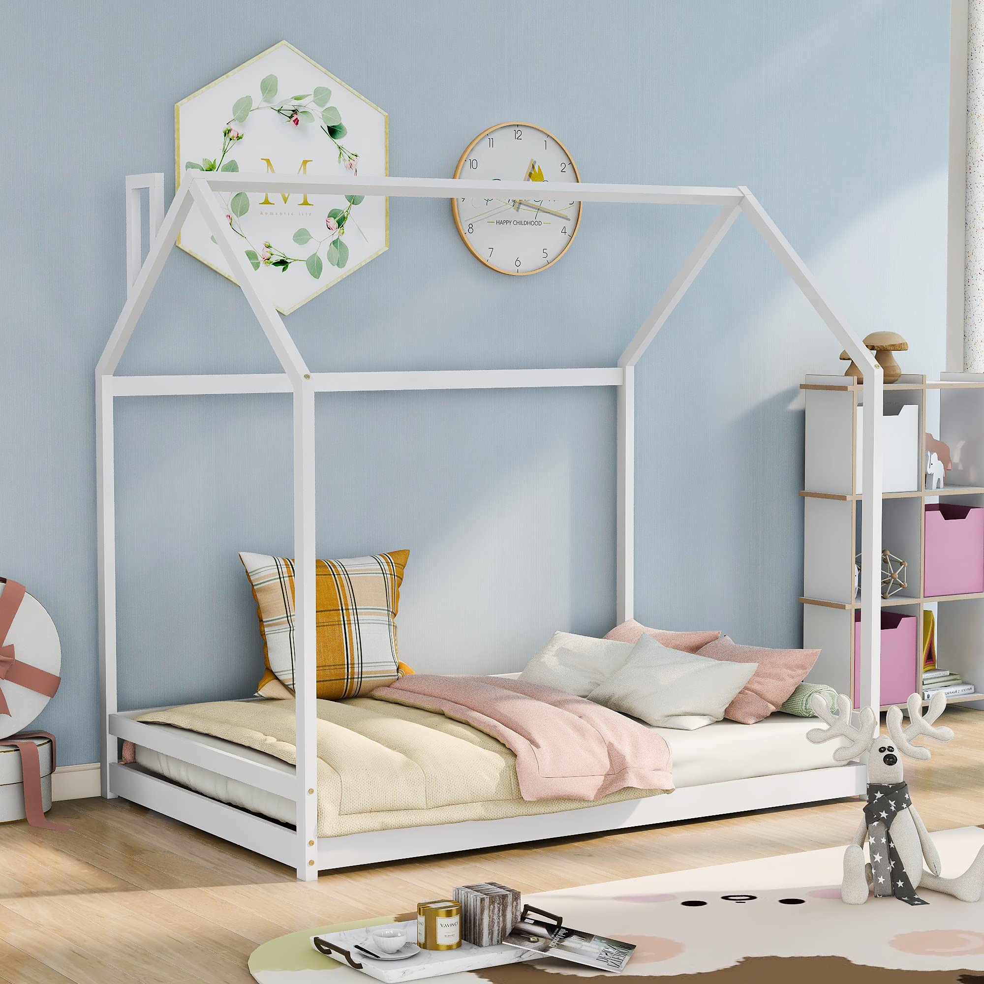 **White Wooden House Bed Frame for Kids - Full Size Play Tent with Roof & Wood Floor, Toddler Bedroom Furniture for Boys & Girls (Box Spring Needed) - Perfect for Imaginative Play & Cozy Sleep Spaces**