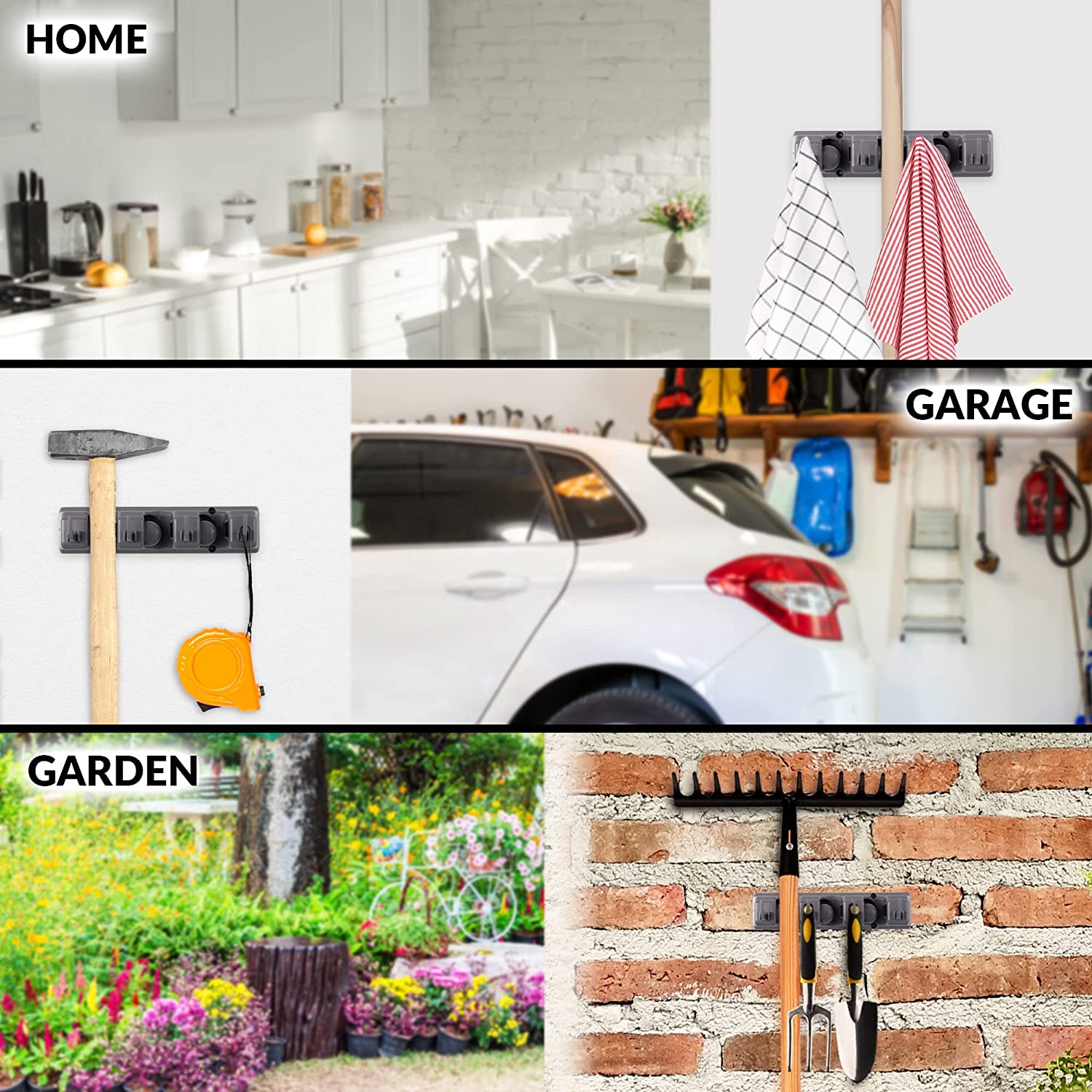 3-Slot Wall Mounted Organizer Utility Rack - Heavy Duty Mop Holder & Broom Hanger for Garage, Kitchen, Bathroom Storage - Space Saving Cleaning Tool Organizer for Home Organization