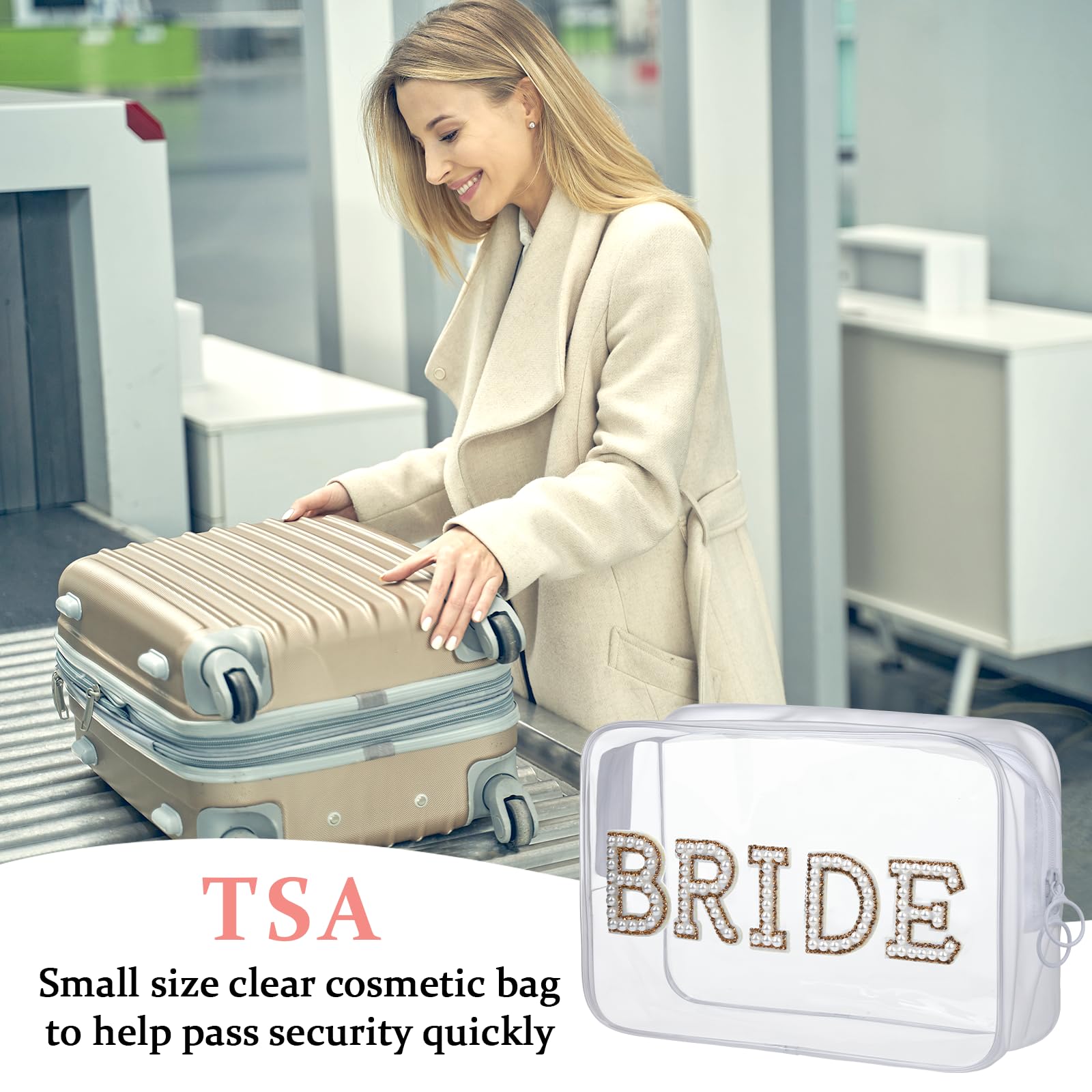 Etercycle Clear Makeup Bag with Bling Pearl Rhinestone Letter Patches - Waterproof PVC Travel Cosmetic Organizer for Women | Perfect for Bridal Showers, Engagement Gifts, Bachelorette Parties & Wedding Events (Gold)