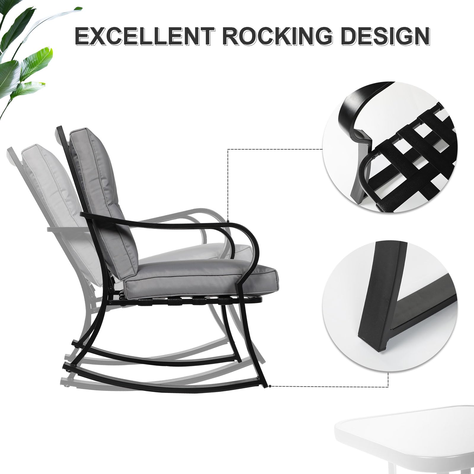 Crownland 3-Piece Outdoor Patio Set - Black Iron Rocking Chairs with Thickened Grey Cushions & Glass Coffee Table - Perfect for Garden, Porch, and Backyard Relaxation
