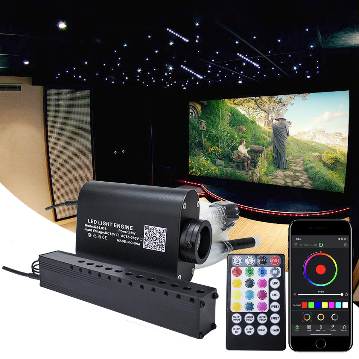 AMKI 16W Fiber Optic Star Ceiling Lights Kit - APP & Remote Control, Sound Activated Mode, 450pcs 0.75mm/3m Optical Fiber Strands for Car & Home Decoration - Perfect for Bedroom, Theater, and Party Lighting
