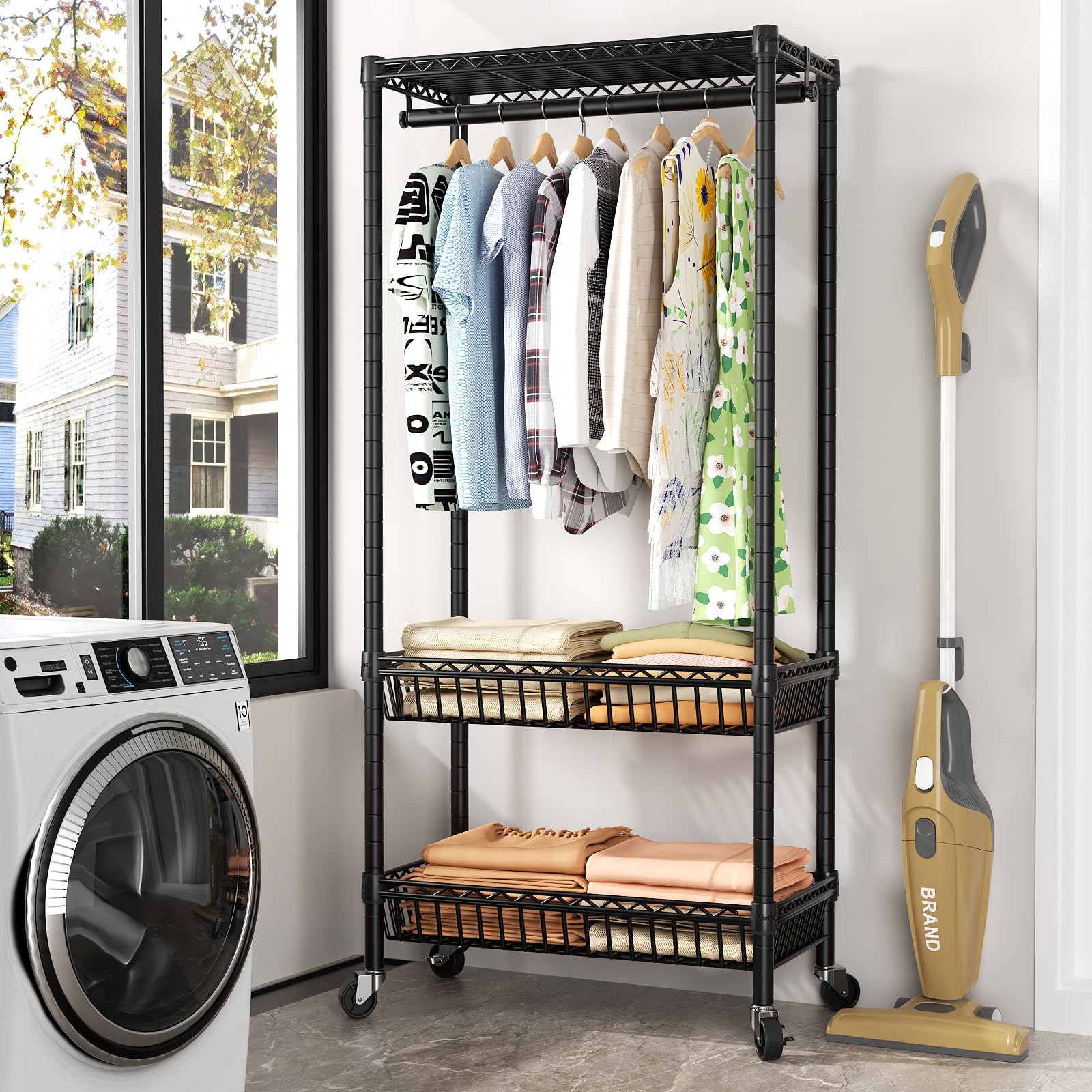 Heavy Duty Rolling Garment Rack - Adjustable Wire Shelving Clothing Organizer with Hanger Hooks & Double Baskets | Freestanding Metal Wardrobe Storage for Closet, Laundry Room, or Retail Store Use