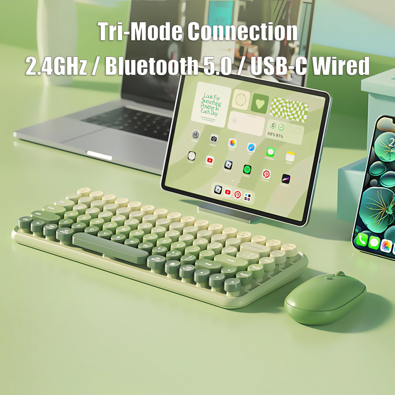 Wireless Typewriter Keyboard - 2.4G/Bluetooth/USB-C, 85-Key Retro for Gaming & Office, Matcha Green