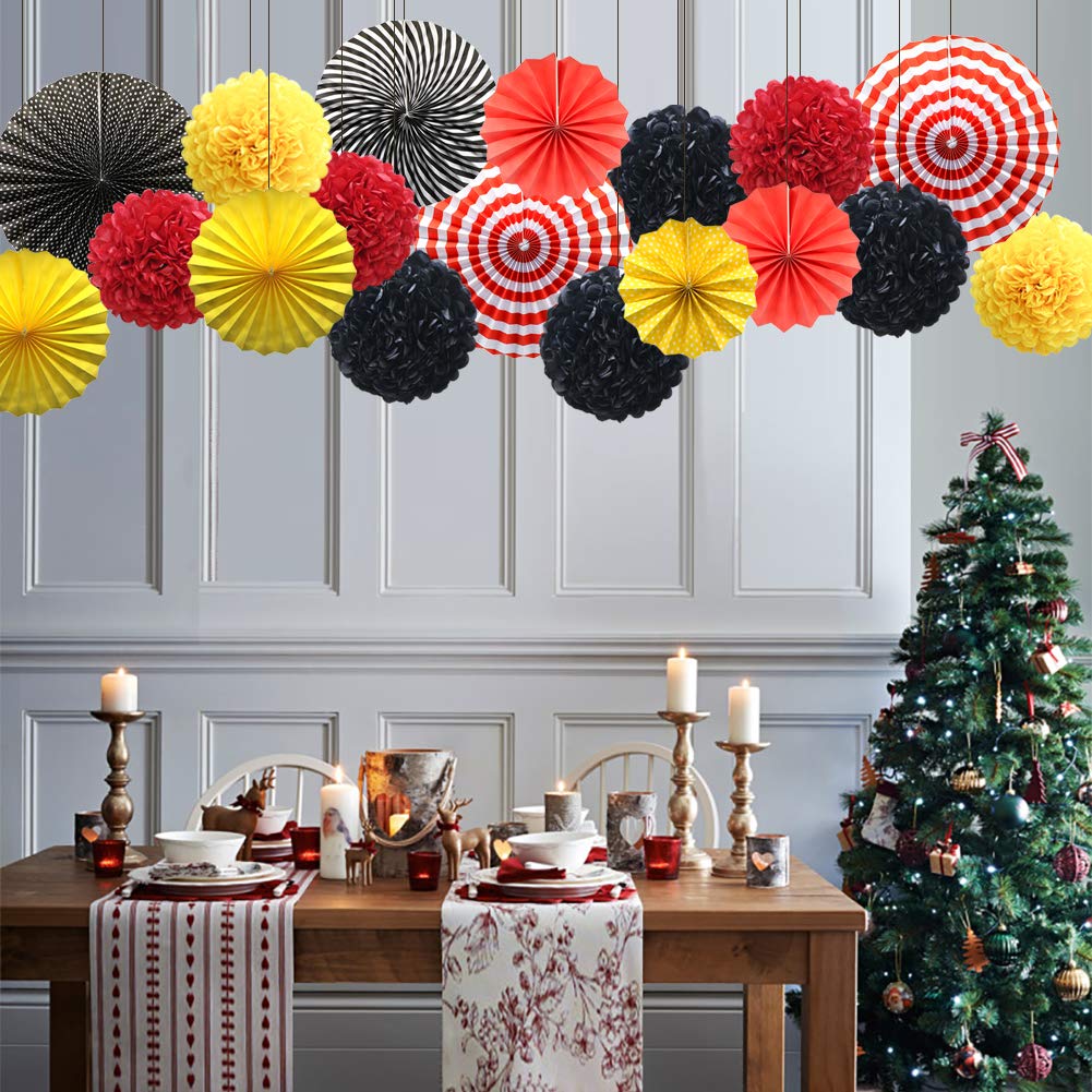 Vibrant Red Yellow Black Hanging Paper Party Decorations - Round Paper Fans & Pom Poms Set for Mickey Mouse Theme, Firetruck Birthday, Wedding, Graduation & Baby Shower | Perfect for Indoor/Outdoor Celebrations, Home Decor & Party Backdrops