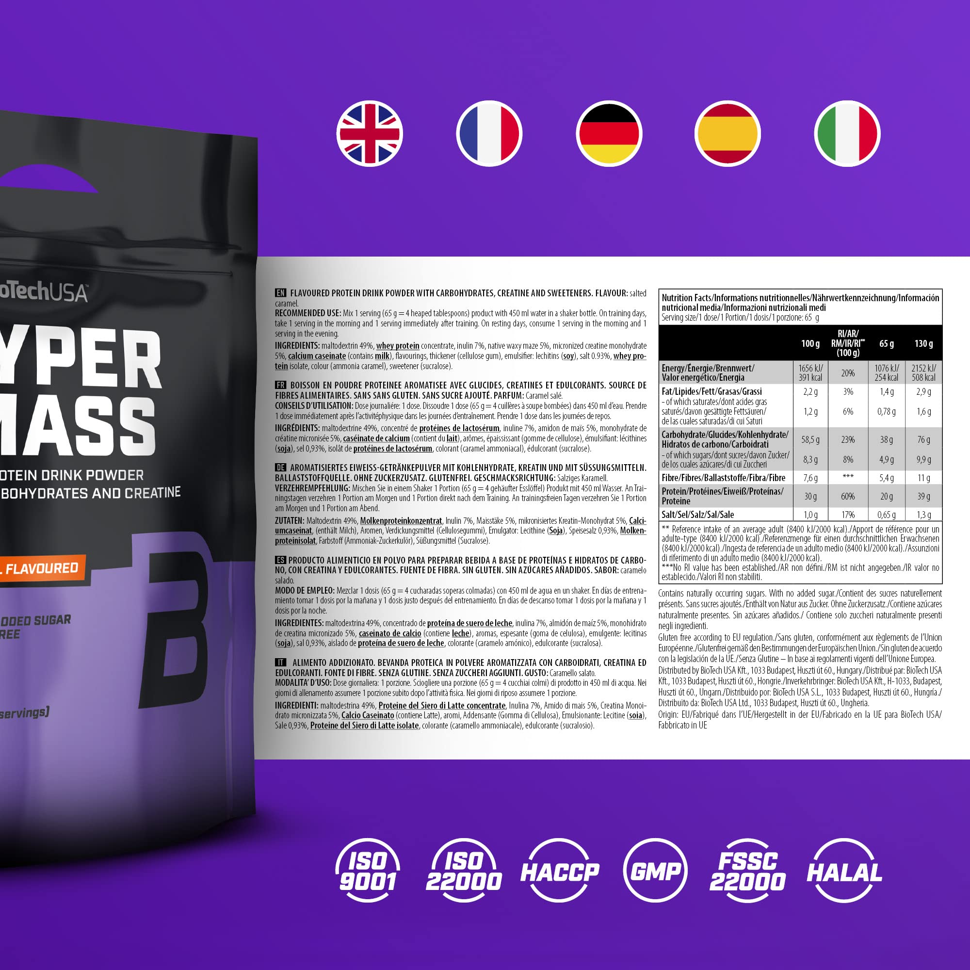 BioTechUSA Hyper Mass Gainer Protein Powder - Salted Caramel Flavor 15 lbs (6800g) for Muscle Growth & Weight Gain - Perfect for Post-Workout Recovery & Bodybuilding Nutrition