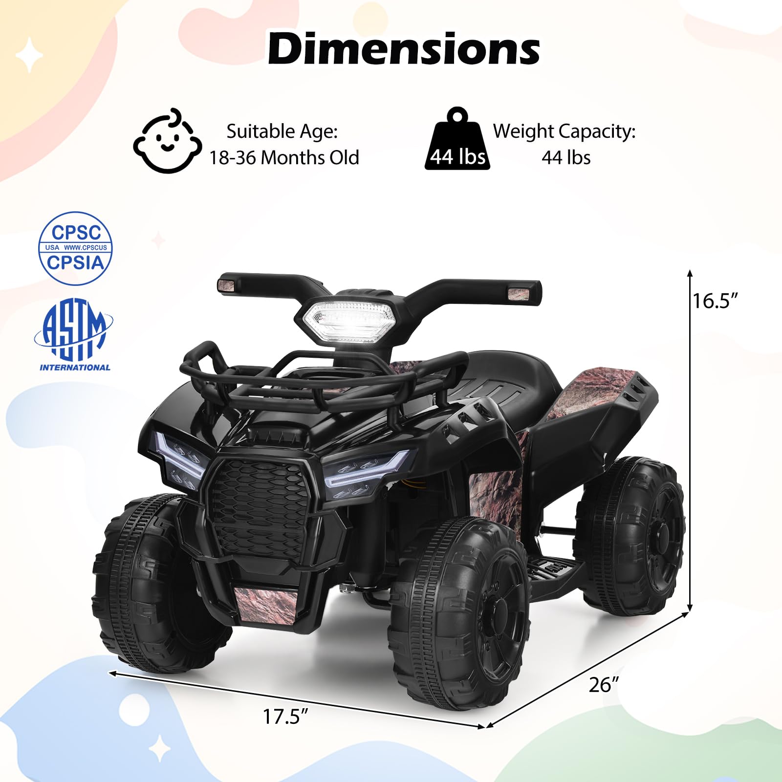 Costzon 6V Kids ATV Electric Ride-On Toy with Storage Basket, Headlight, Horn, Music, MP3 & USB - Battery Powered Four Wheeler Quad for Toddlers 18-36 Months (Black+Camo) - Perfect for Outdoor Play, Backyard Adventures & Birthday Gifts for Boys & Girls