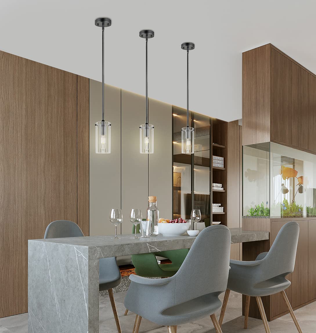 Modern Black Industrial Pendant Light Fixture with Clear Stripe Glass Shade - Kitchen Island Lighting, Sink Lighting, Dining Room Hanging Ceiling Light - Perfect for Farmhouse, Loft & Industrial Style Decor