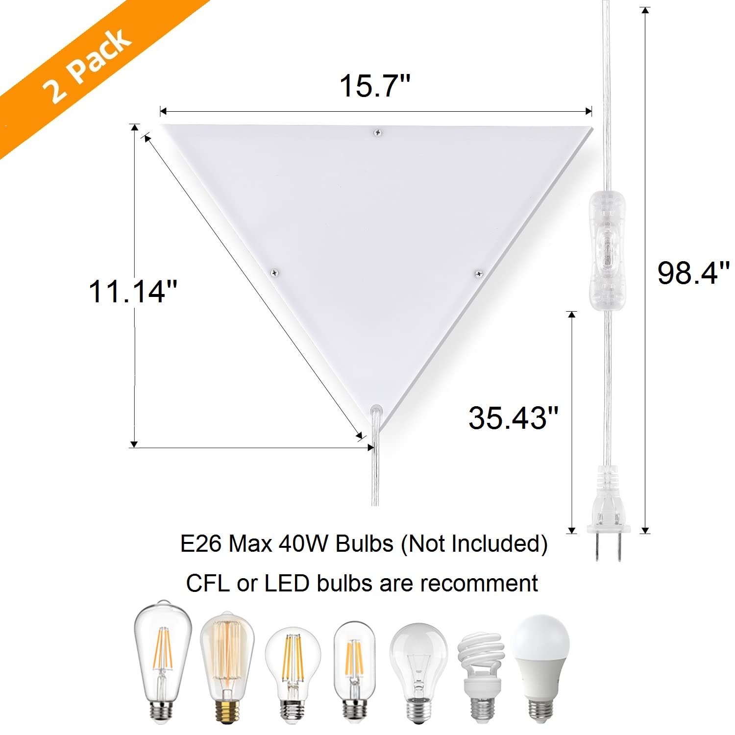 2 Pack Modern Plug-in Corner Lights with Switch - E26 Socket Wall Lamps for Living Room & Bedroom - Overhead Lighting Solution (Bulb Not Included) - Perfect for Reading Nooks, Hallways & Cozy Spaces