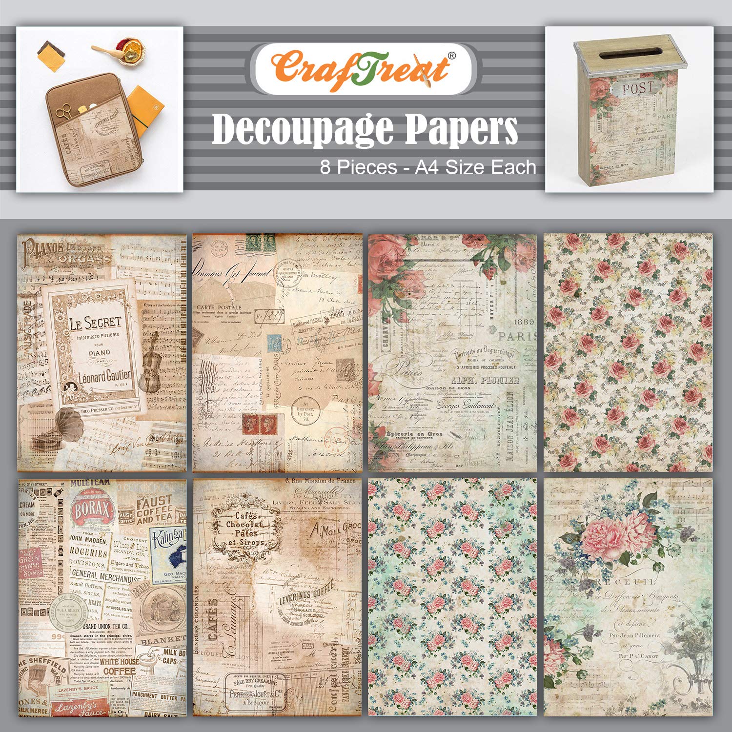 Vintage French Decoupage Paper for Scrapbooking & Crafts - 8pc A4 Floral Fantasy Background with French Script - Perfect for DIY Furniture Makeover, Card Making & Home Decor Projects