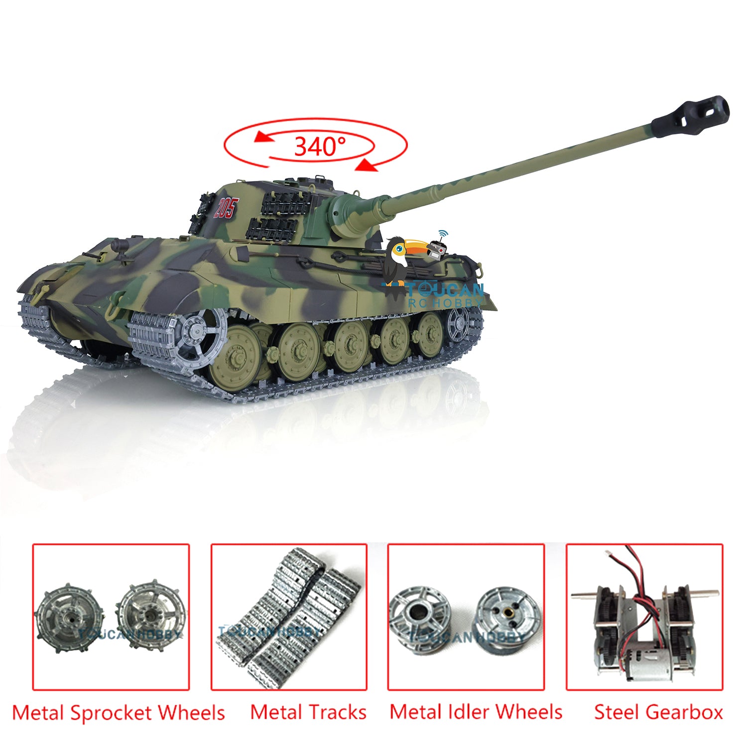 2.4Ghz Henglong 1:16 Scale German King Tiger RTR RC Tank - 3888A Model with Metal Tracks, 340° Rotating Turret & Steel Gearbox | US Stock | Battle Simulation & Collectible Display