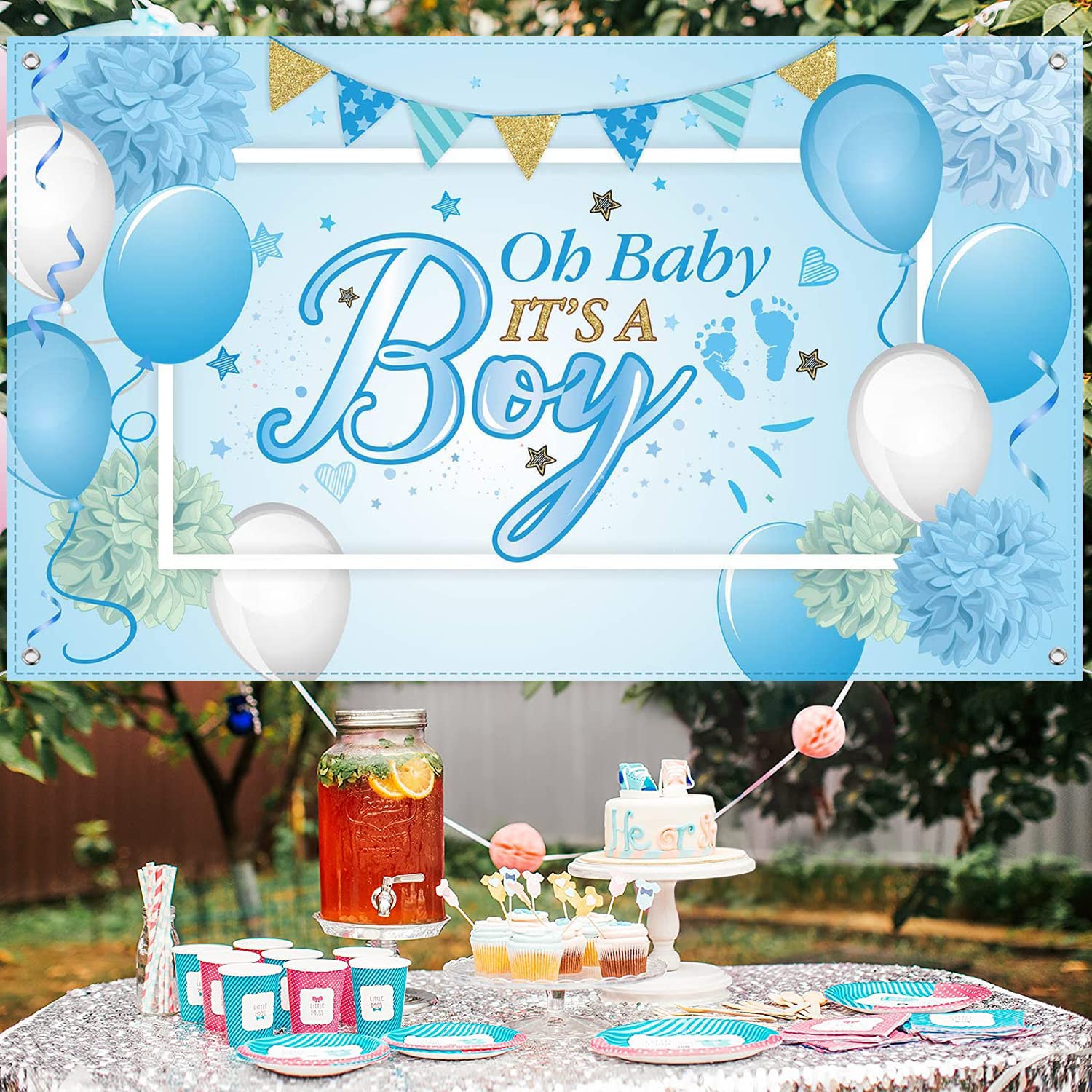 Oh Baby Baby Shower Backdrop - Blue & Pink Gender Neutral Photo Background for Baby Shower Decorations - Perfect for Boy or Girl Baby Shower Party, Gender Reveal, Nursery Decor & Photo Booth Backdrop