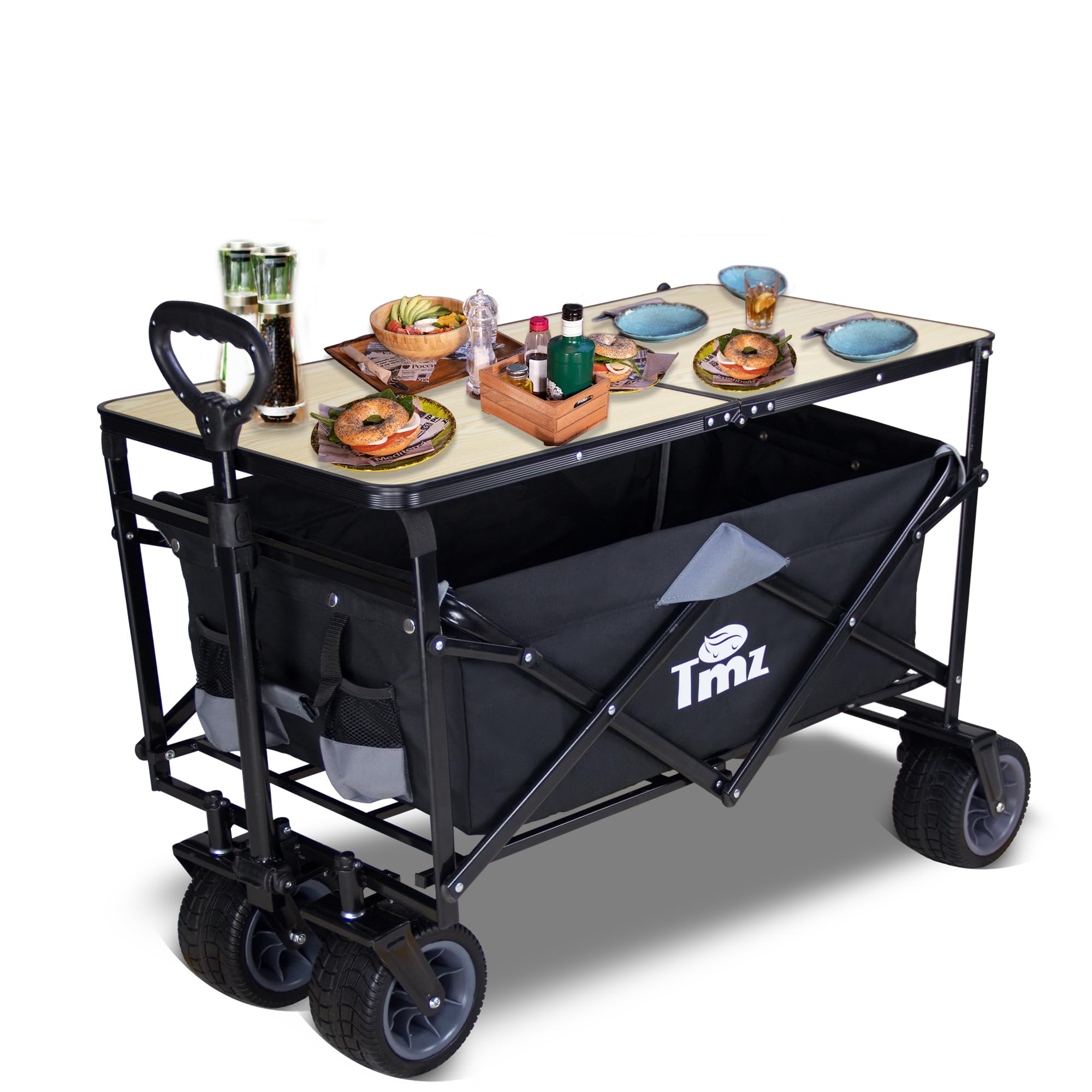 TMZ Heavy Duty All Terrain Folding Wagon Cart with Removable Table - Collapsible Utility Wagon for Camping, Beach, Garden, Shopping & Outdoor Activities | Portable for Picnics, Tailgating & Farmers Markets (Black/Grey)