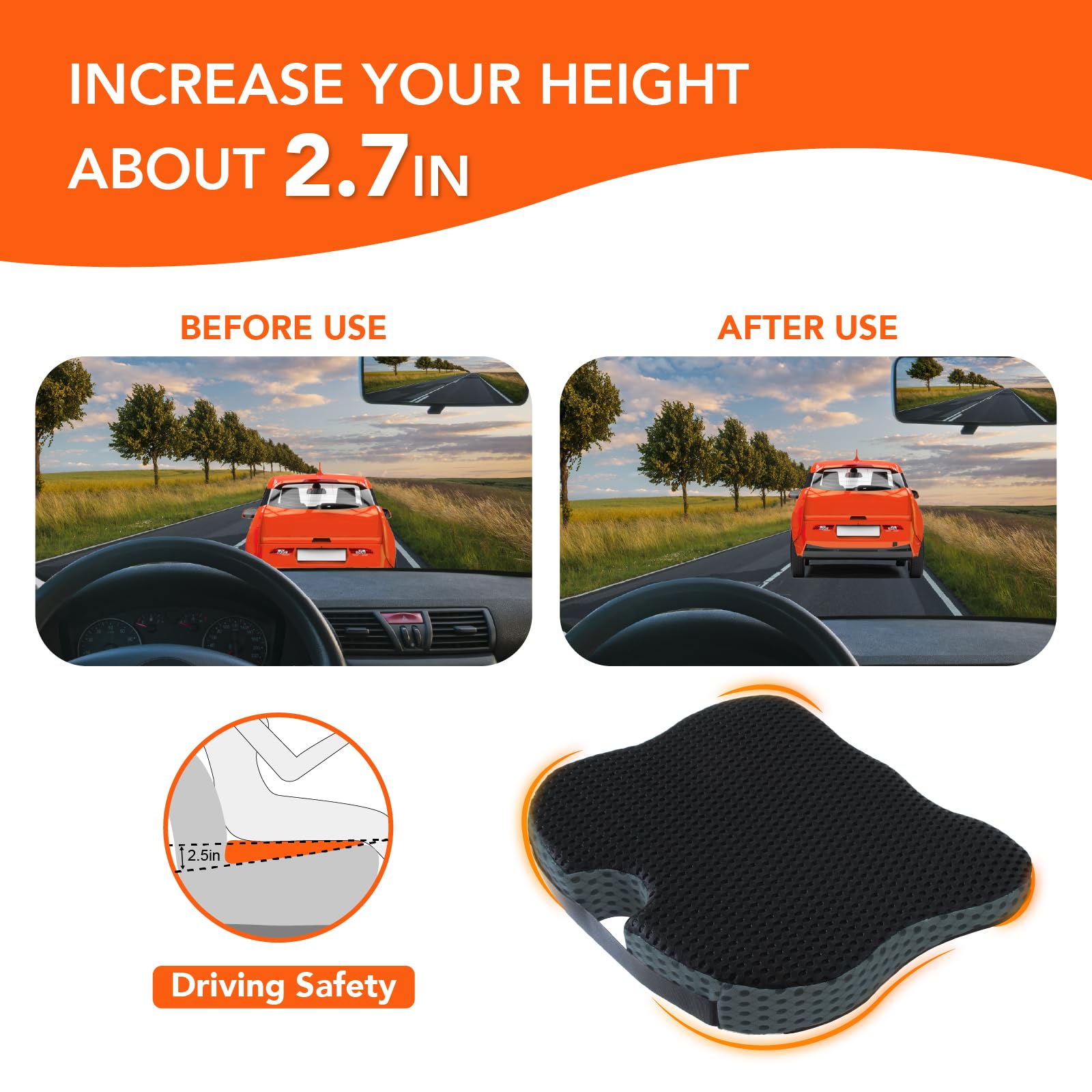 Premium Memory Foam Car Seat Cushion - Ergonomic Support for Long Drives, Back Pain Relief - Comfortable Gray Auto Cushion for Office Chair, Truck, Commuting & Road Trips